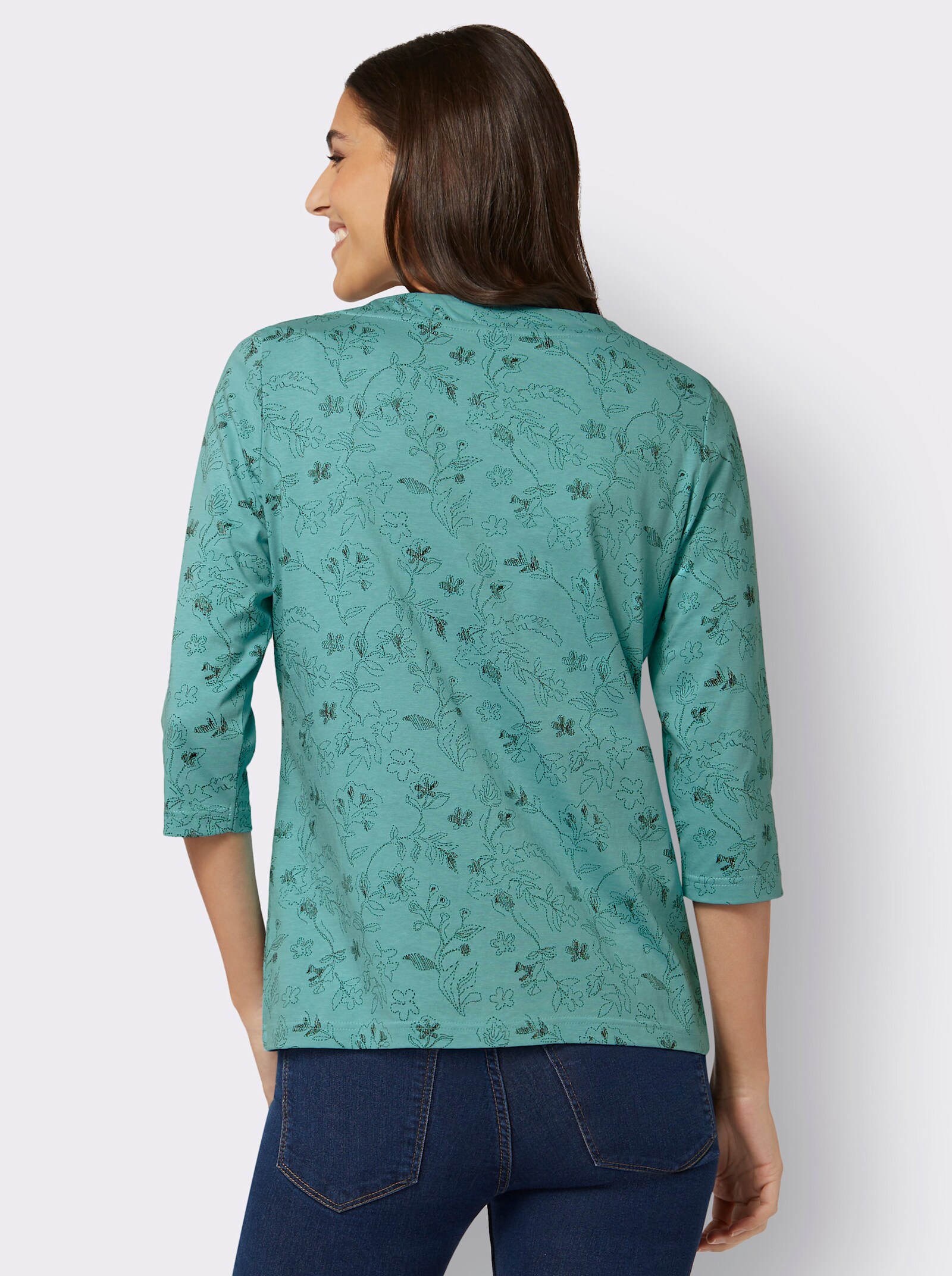 Shirt met 3/4-mouwen en in wijdte verstelbare hals - oceaan/grafiet bedrukt