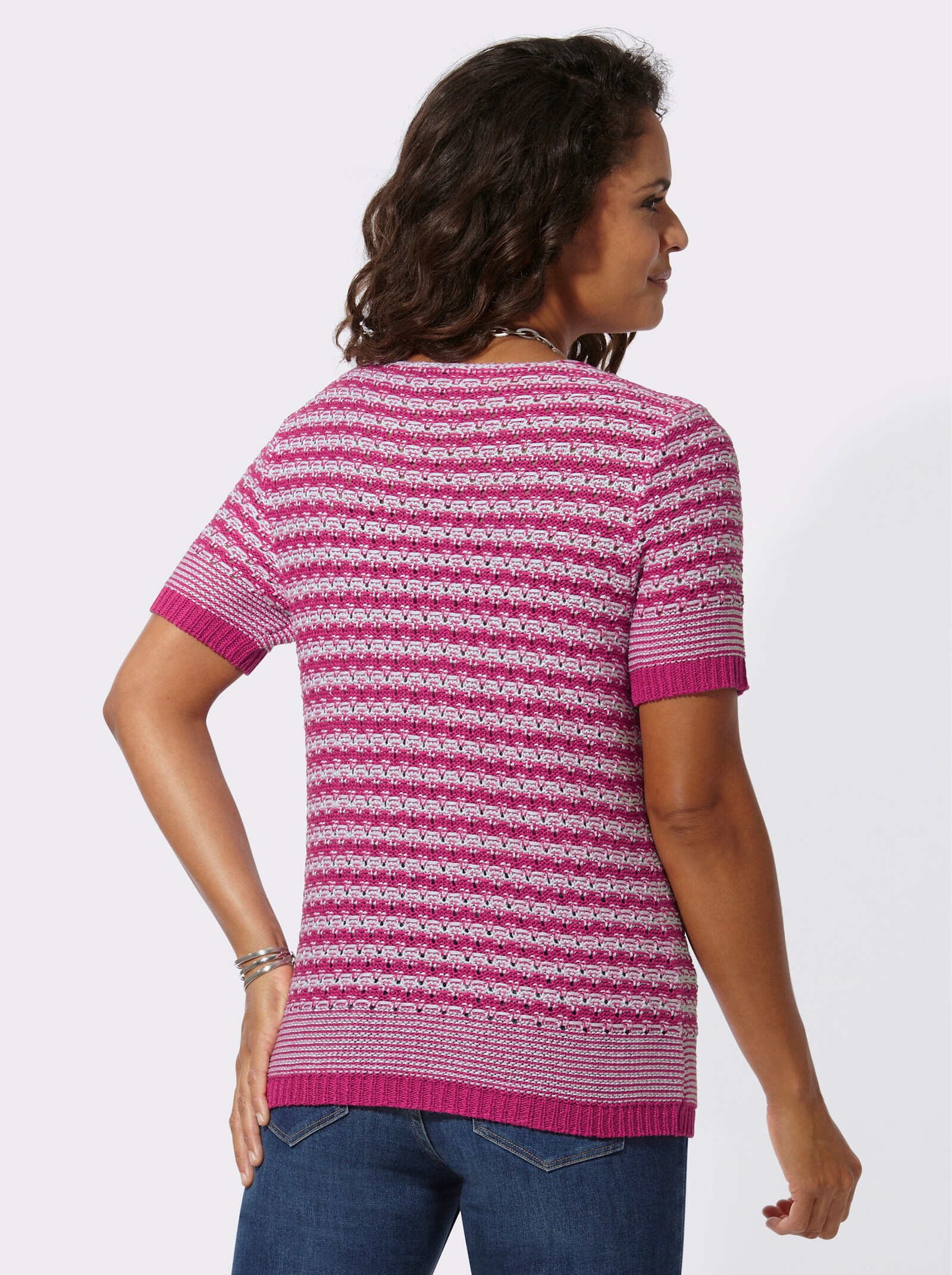 Kurzarmpullover aus Bändchengarn - fuchsia-weiß-gemustert