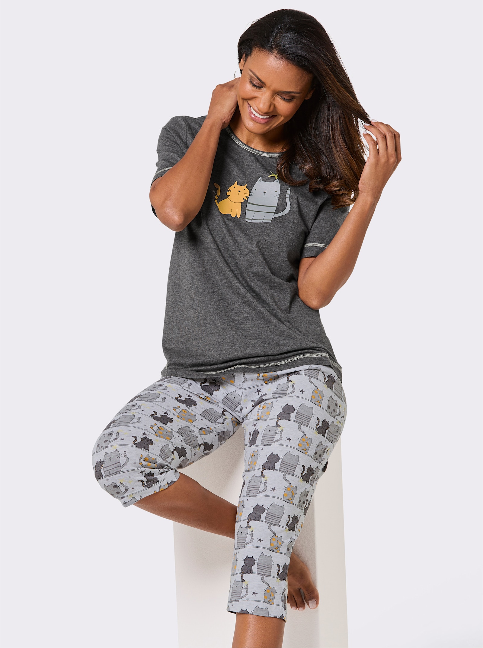 wäschepur Capri-pyjama met kattenprint - antraciet/grijs geprint