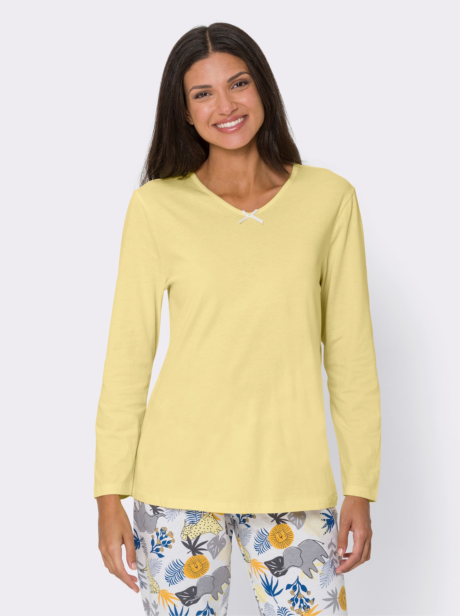 Pyžamové tričko se saténovou mašličkou, čistá bavlna - citronová