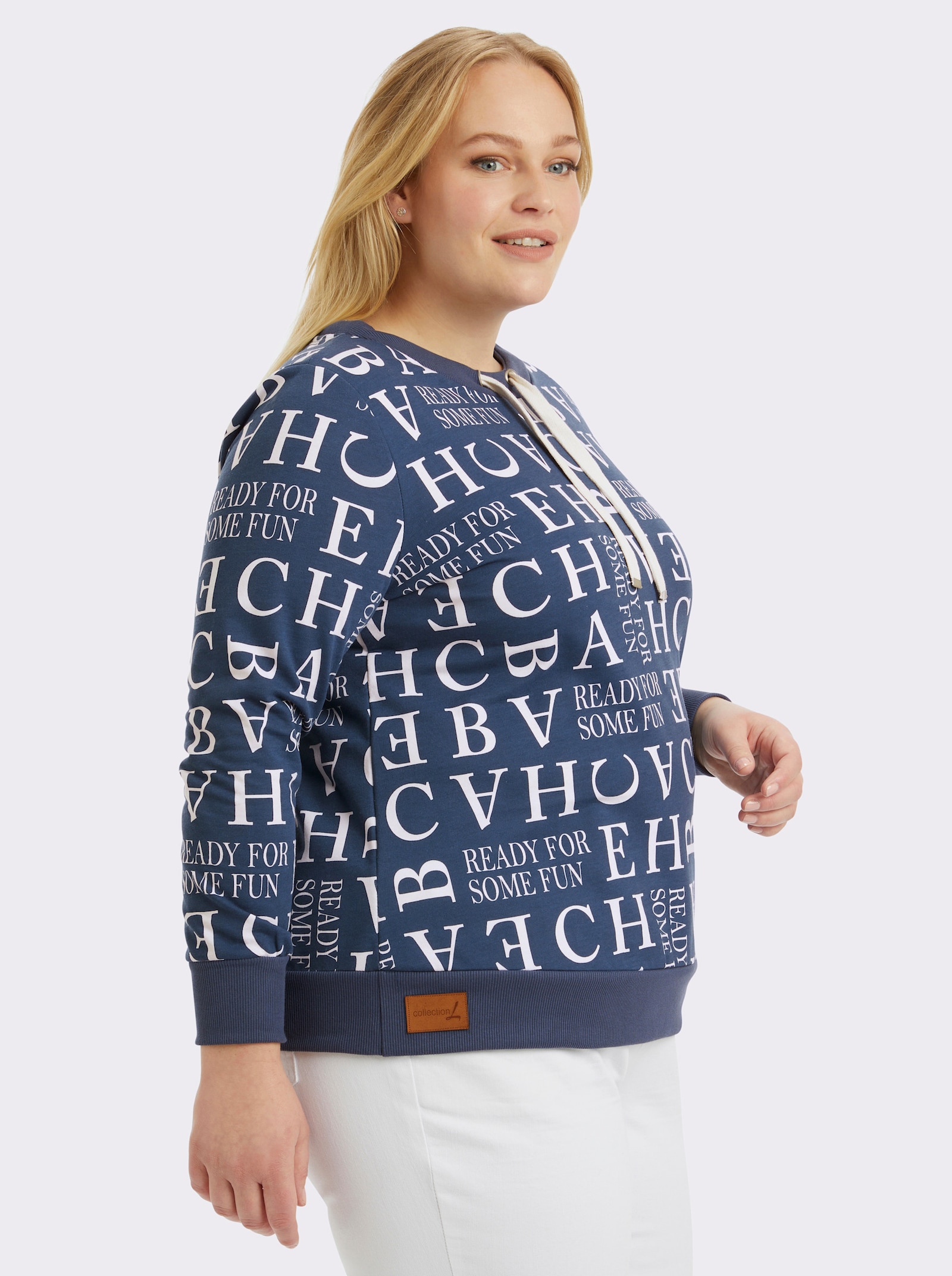 Sweatshirt mit Kordeldurchzug am Ausschnitt - dunkelblau-ecru-bedruckt