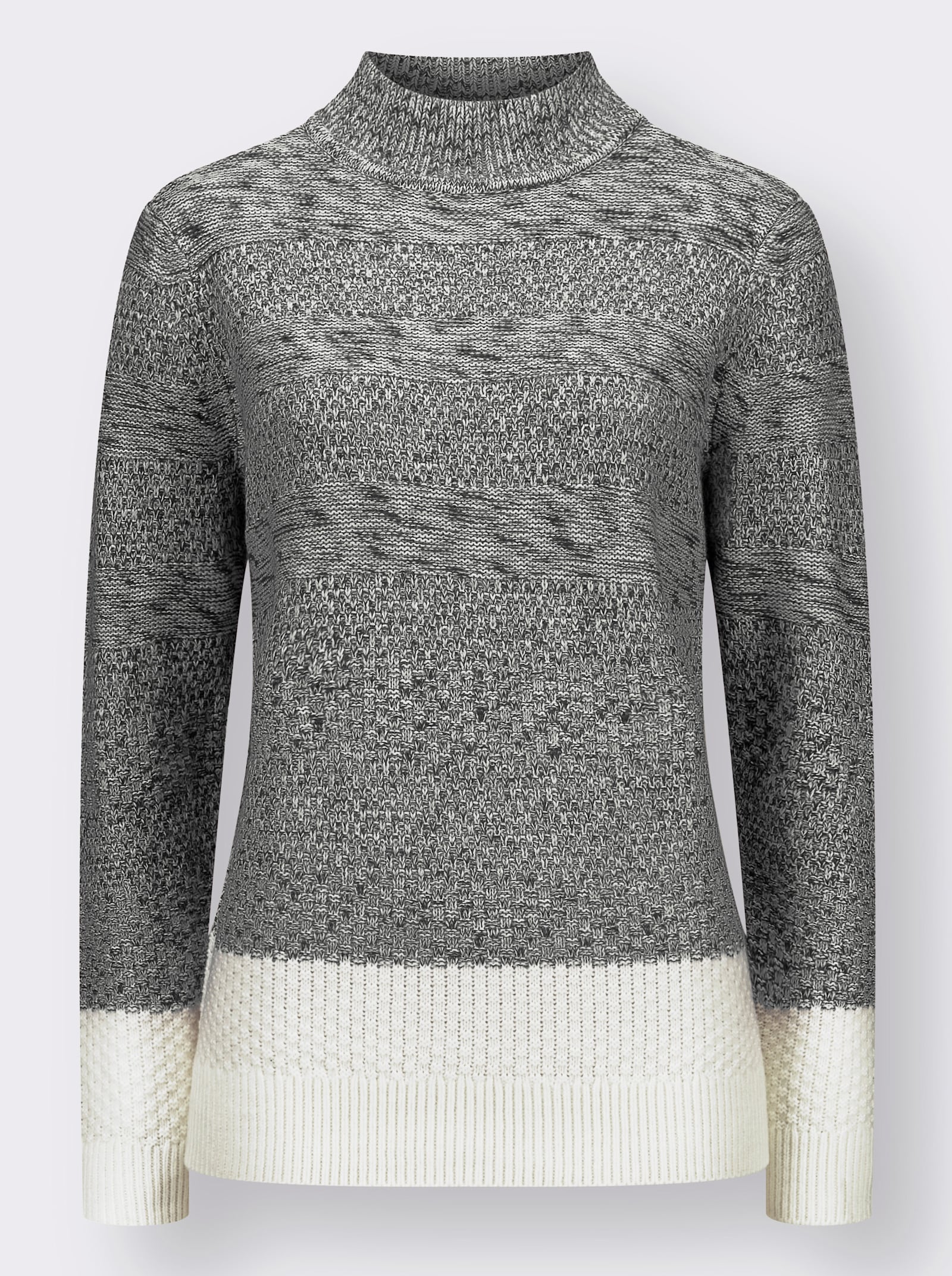 Stehkragenpullover mit Strickmuster-Mix - schwarz-ecru-meliert