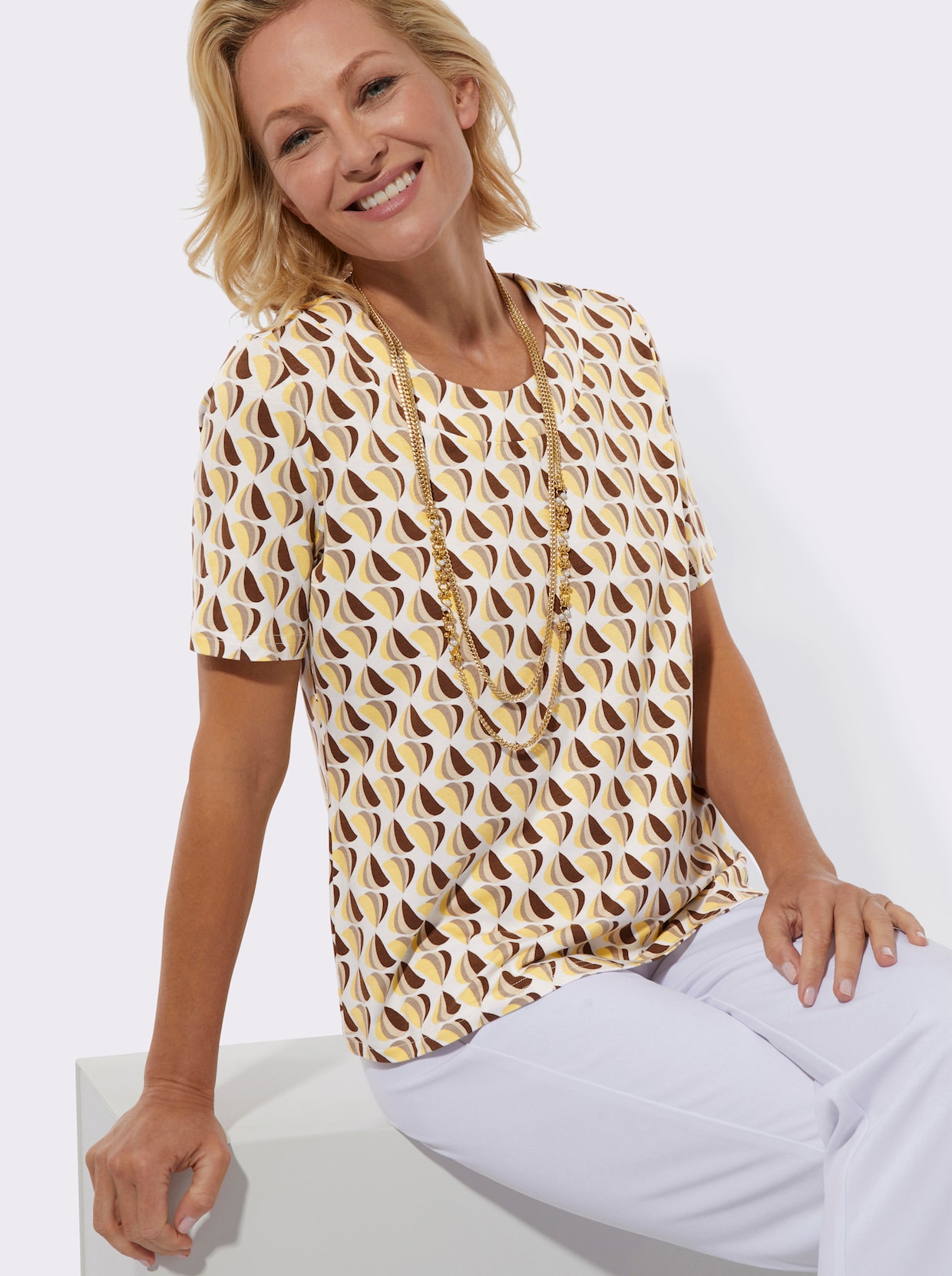 Rundhalsshirt - zitrone-braun-bedruckt