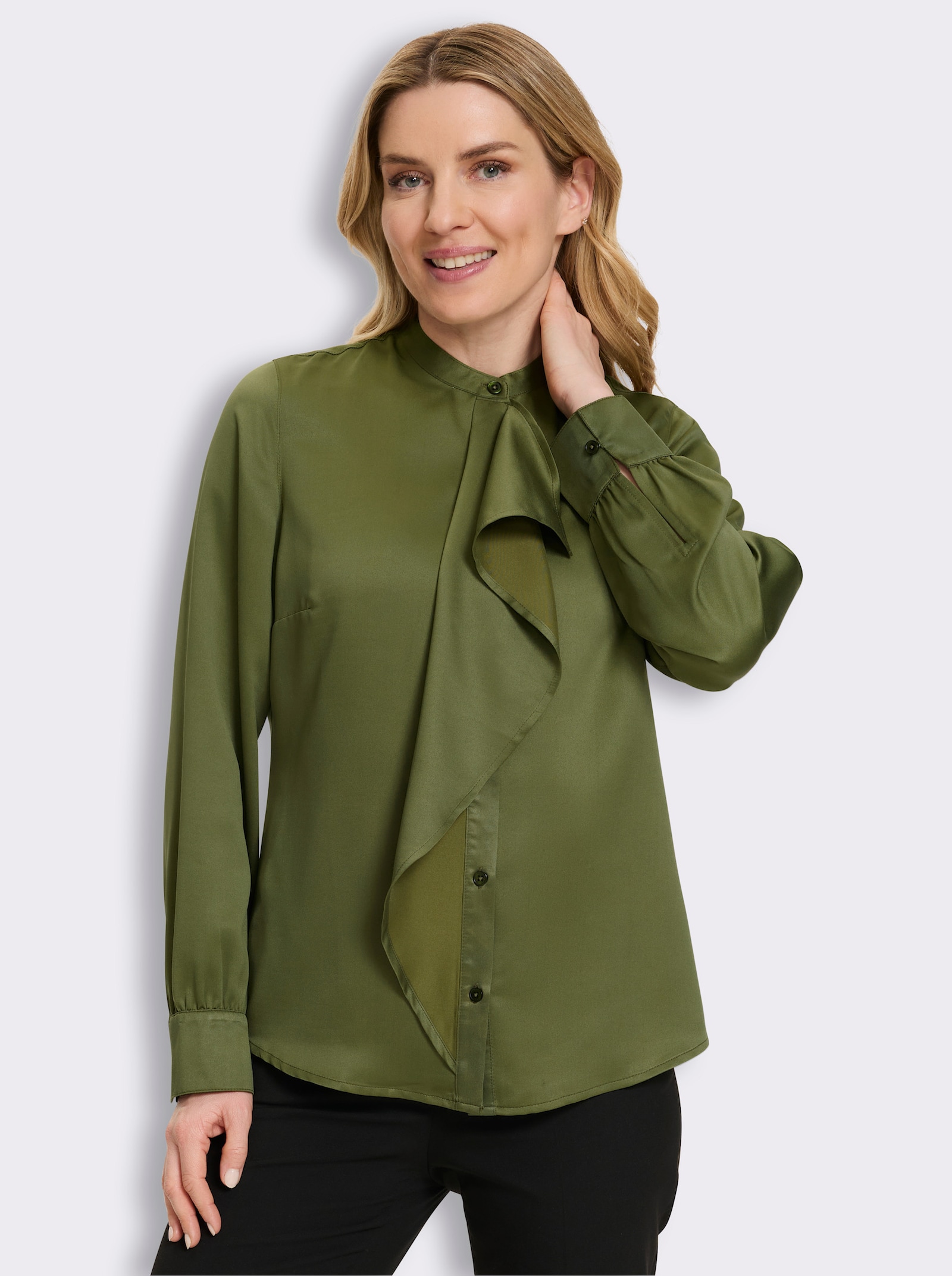 Langarm-Bluse mit Volant - oliv