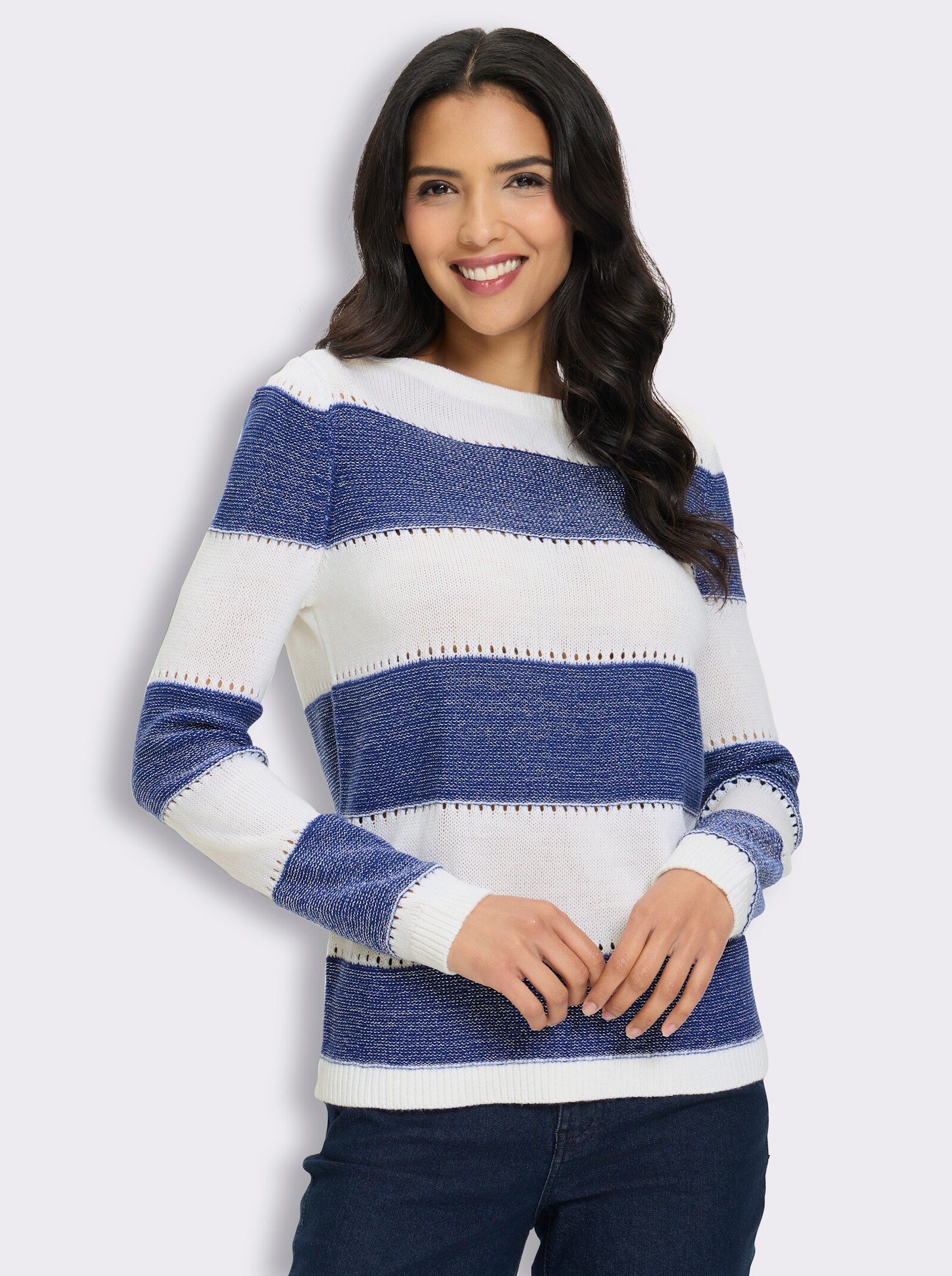 Langarm-Pullover mit Glanzgarn, Streifen-Muster - royalblau-ecru-gemustert