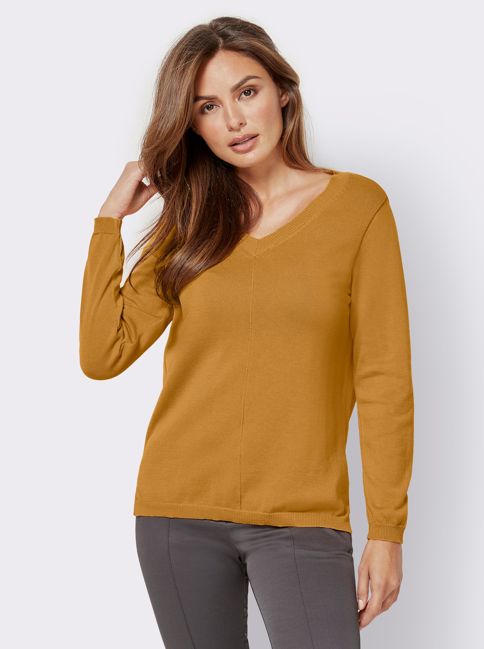 V-Ausschnitt-Pullover mit Biesen vorne - curry