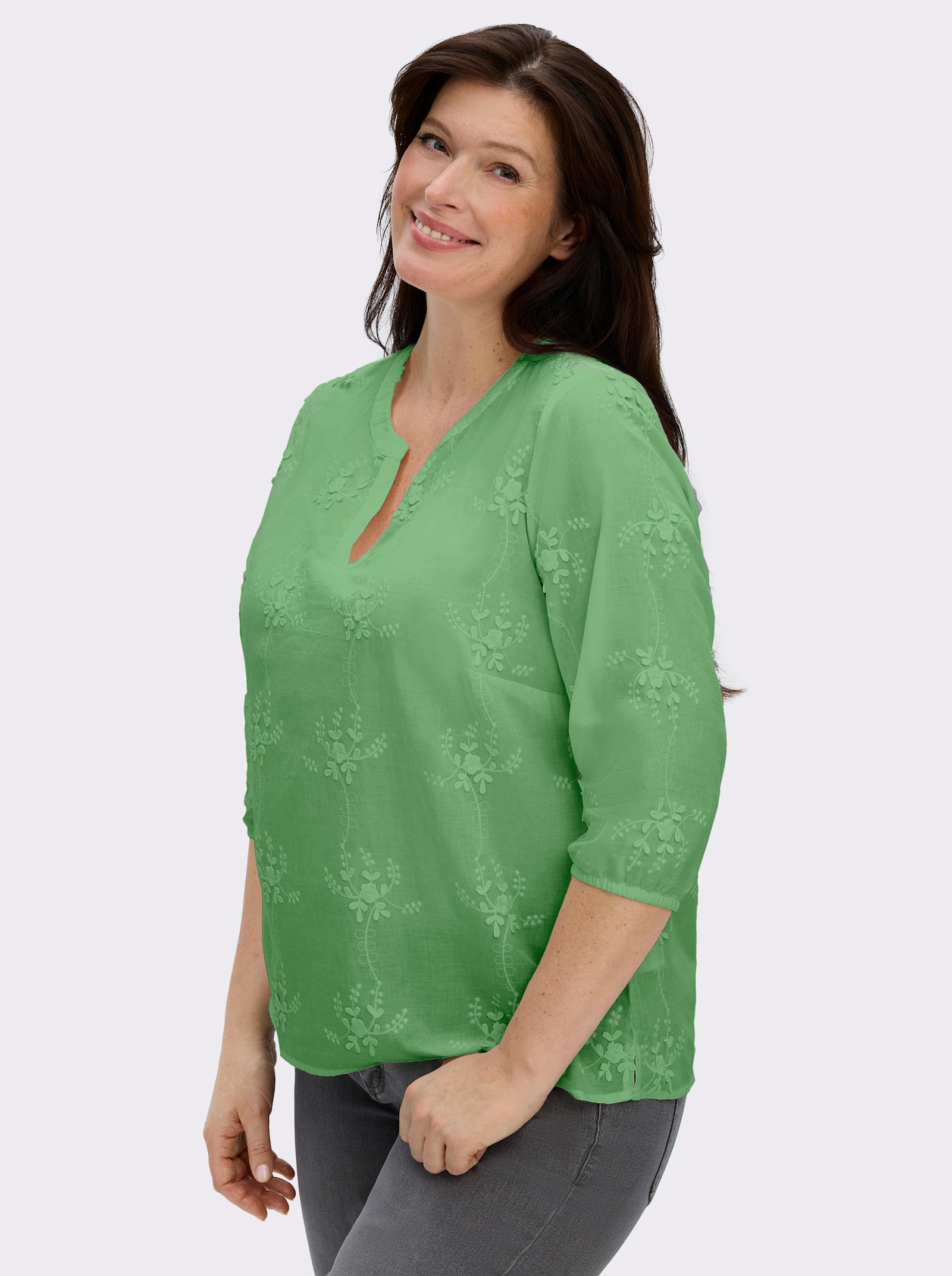 Baumwollbluse mit 3D-Blütenstickerei - apfel