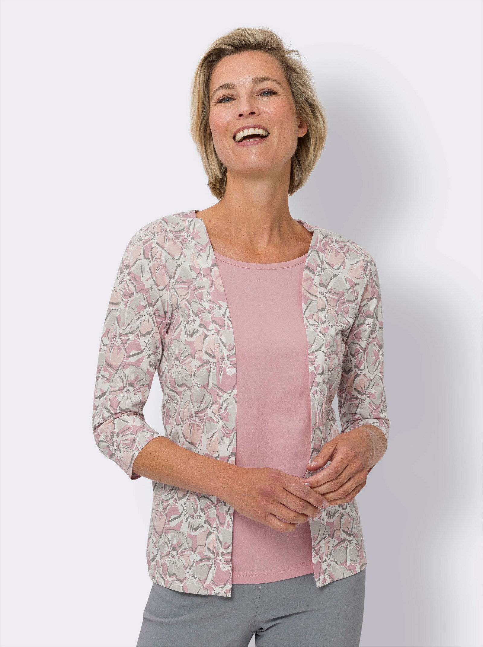 2-in-1-Shirt aus reiner Baumwolle - ecru-hortensie-bedruckt