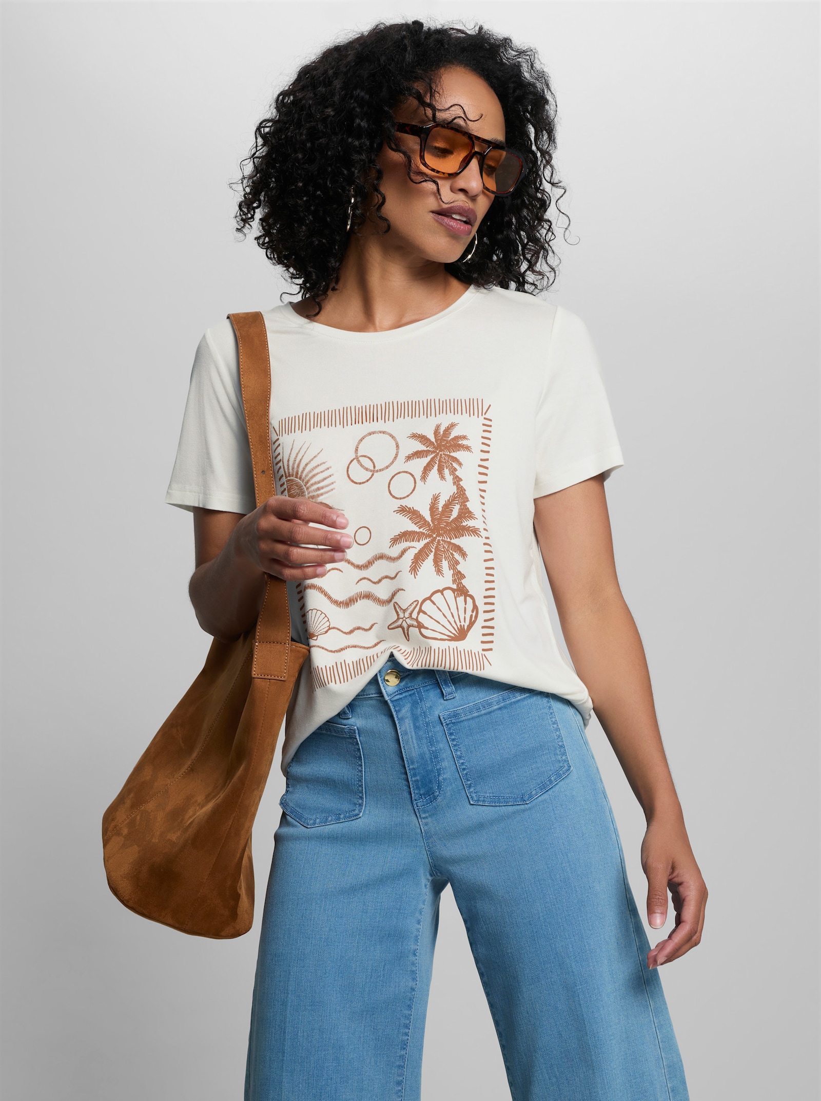 heine Kurzarmshirt mit Strand-Motiv - cognac-ecru-gemustert