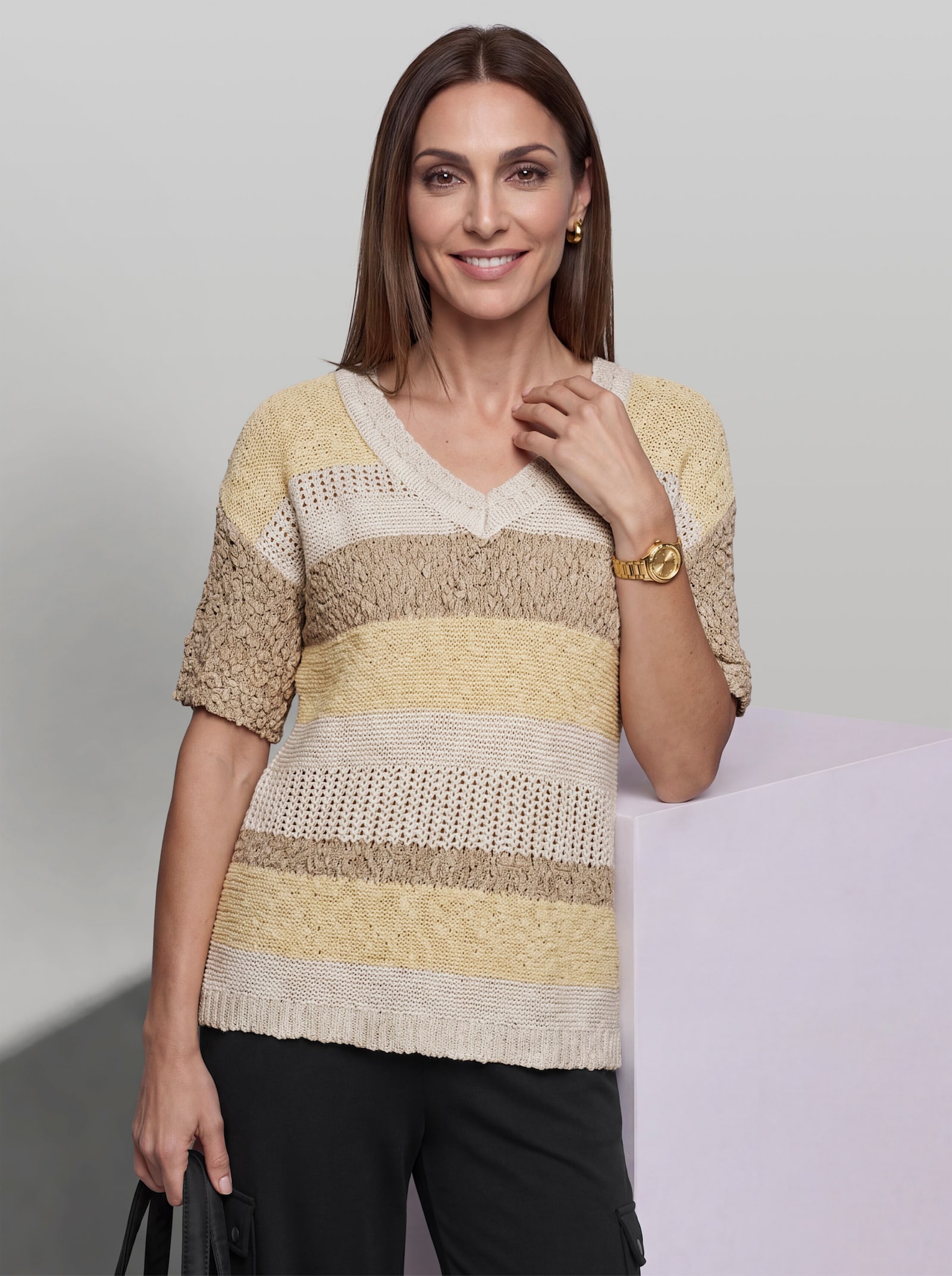 heine Kurzarmpullover im Strickmuster-Mix - vanille-champagner