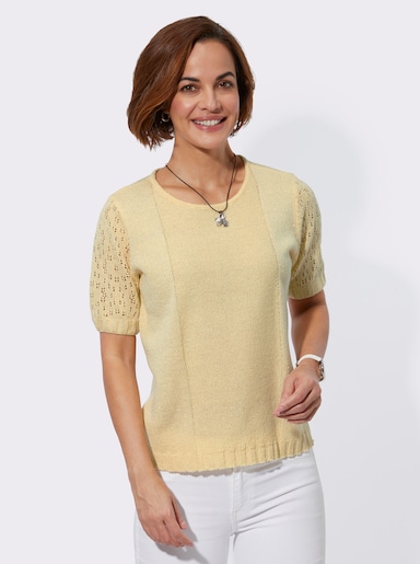 Bouclé-Pullover mit Ajourmuster-Ärmeln - vanille