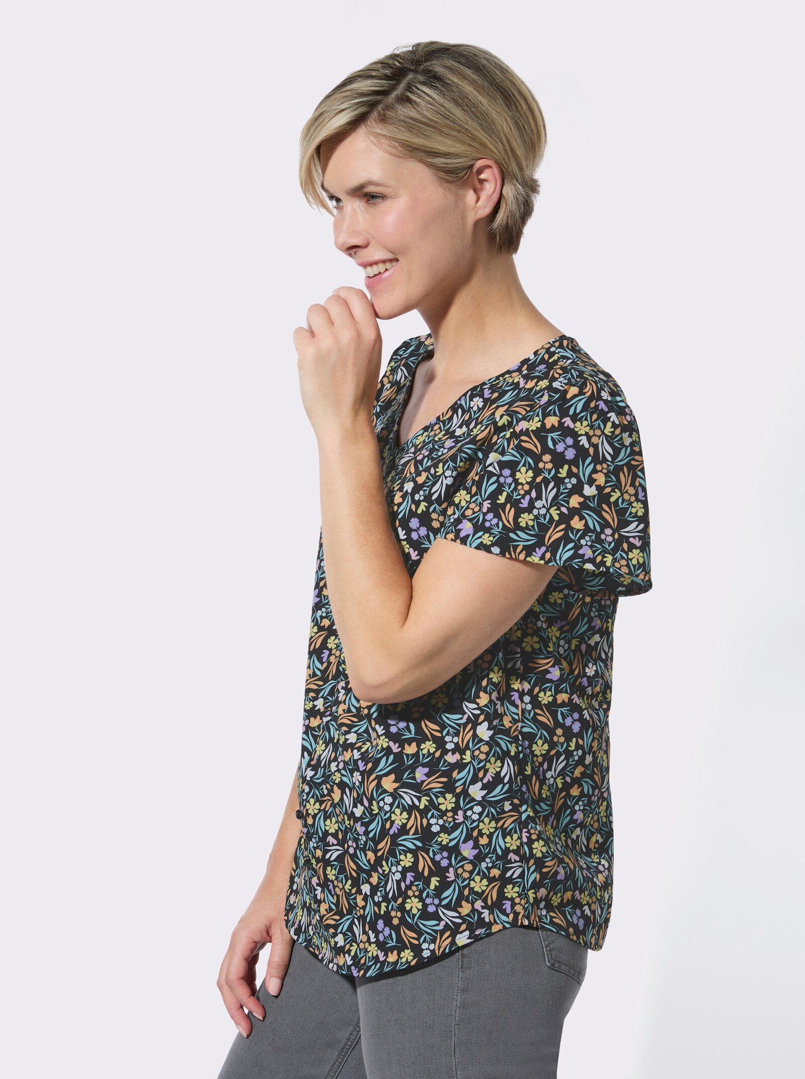 Schlupfbluse mit floralem Muster - schwarz-apricot-bedruckt