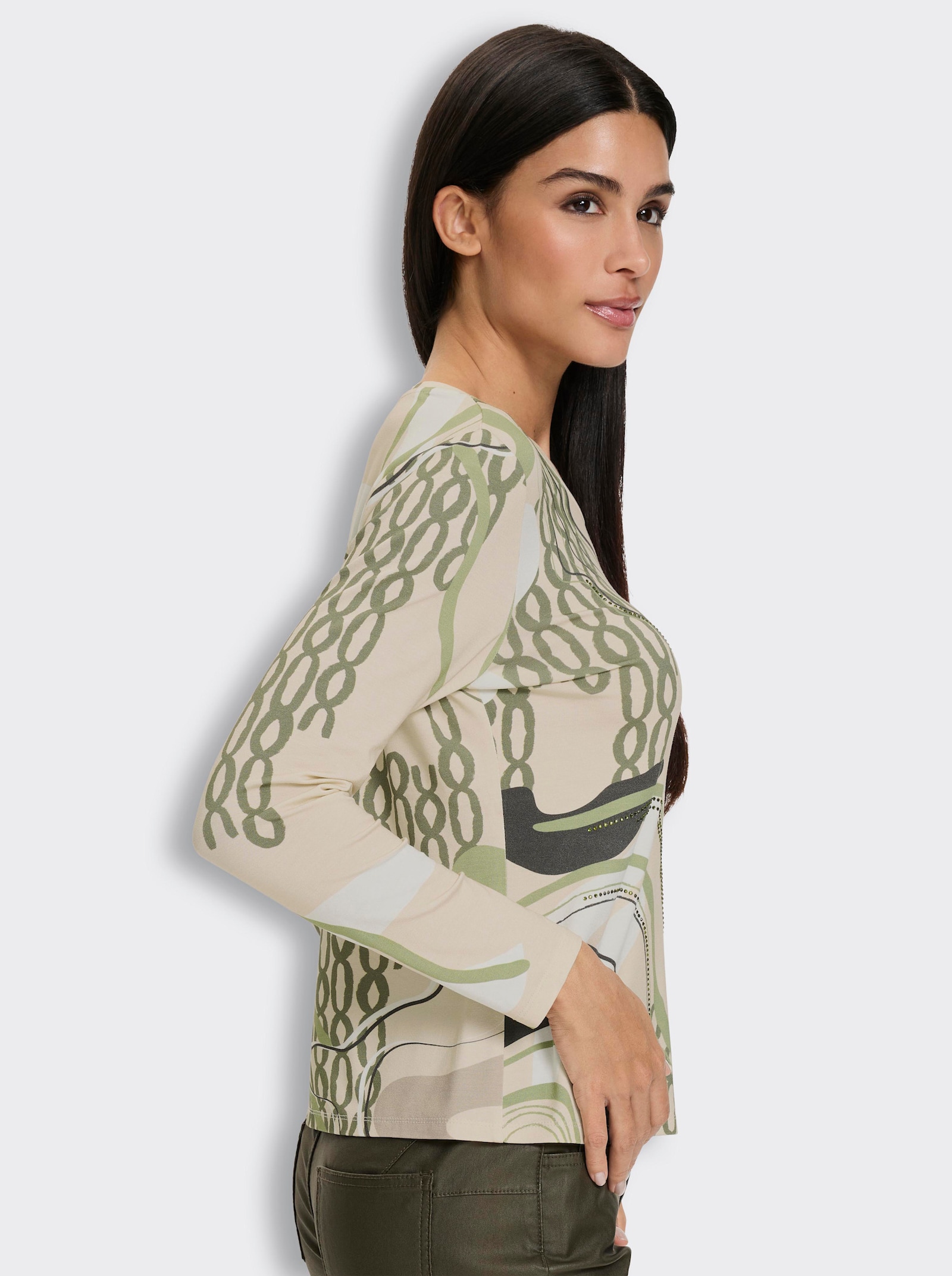 heine Langarmshirt mit Glitzersteinchen - elfenbein-khaki-bedruckt