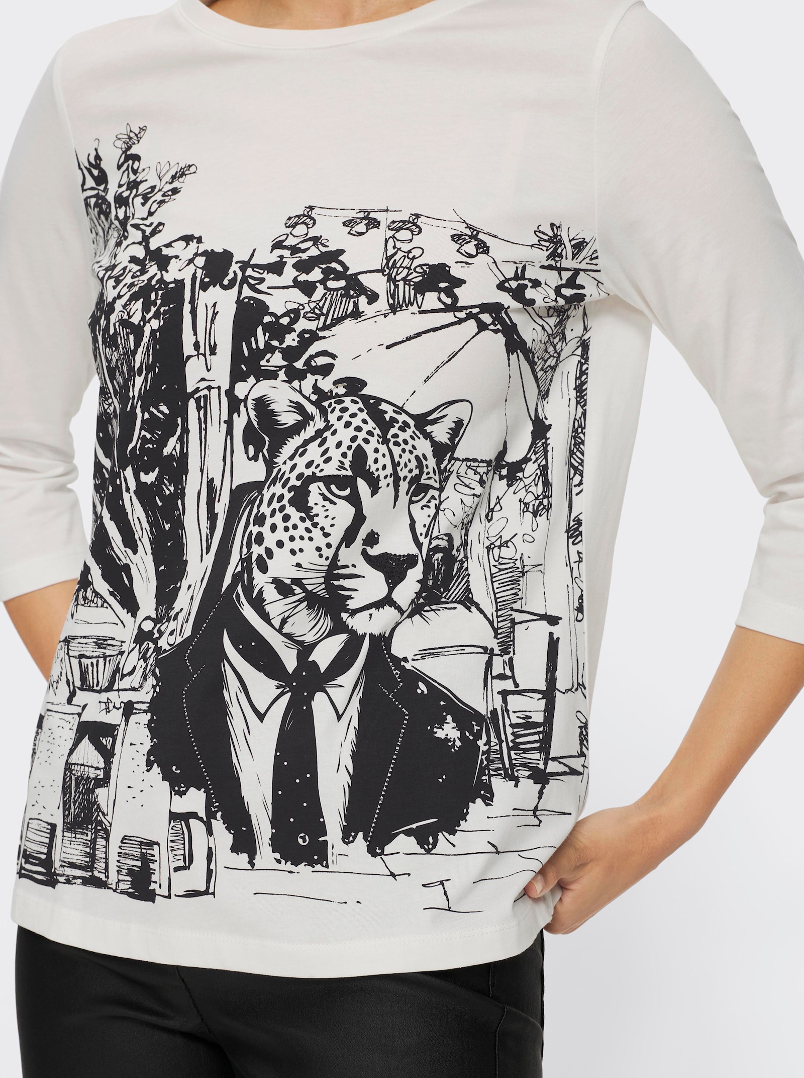 heine 3/4-Arm-Shirt mit Ziersteinen - ecru-schwarz-bedruckt