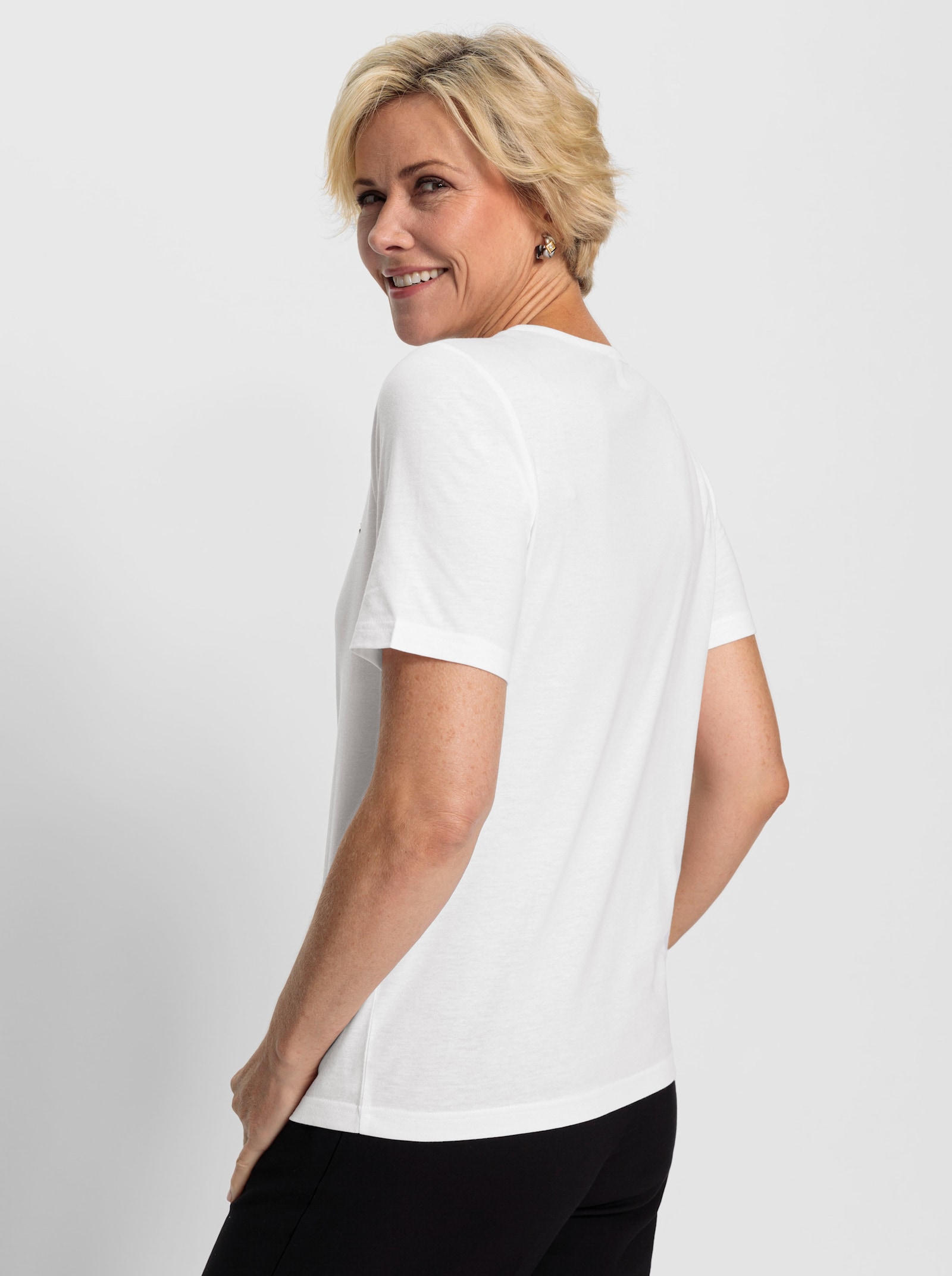 Rundhalsshirt mit Glitzersteinchen-Deko - weiss