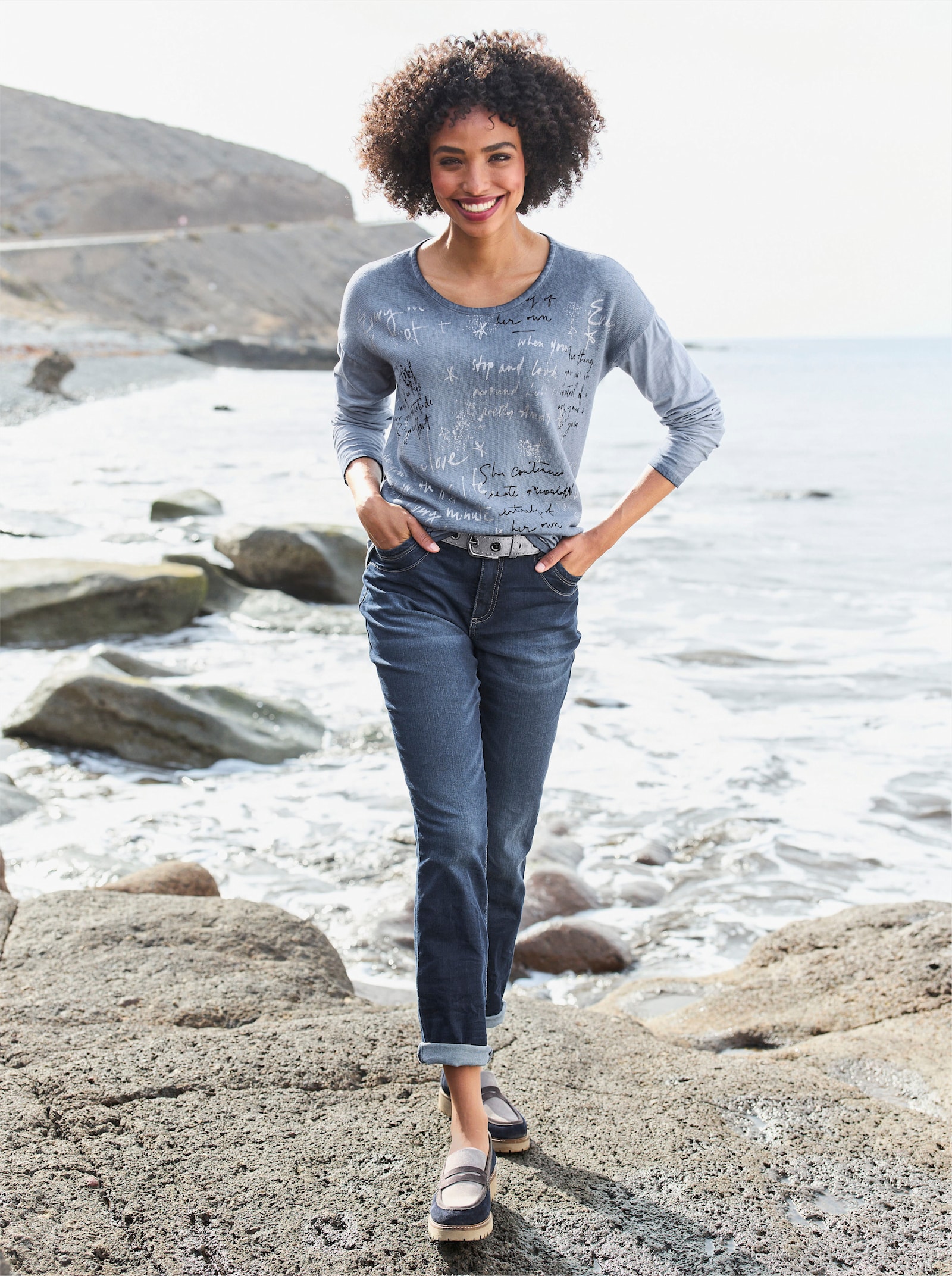 heine Langarmshirt mit Oil-dyed-Effekt - rauchblau-bedruckt