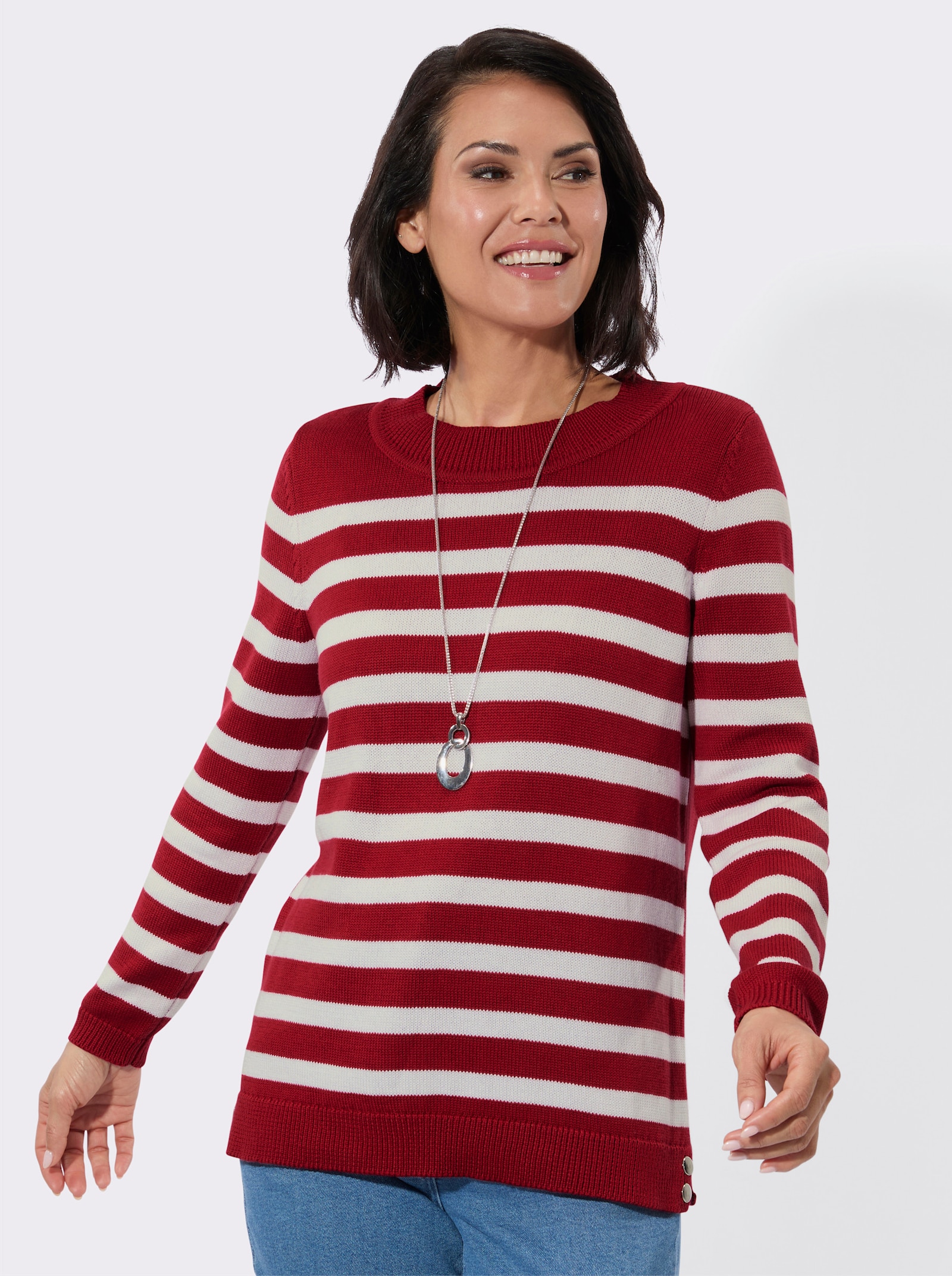 Rundhalspullover mit Zierknöpfen - rot-ecru