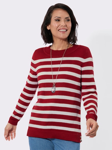 Rundhalspullover mit Zierknöpfen - rot-ecru