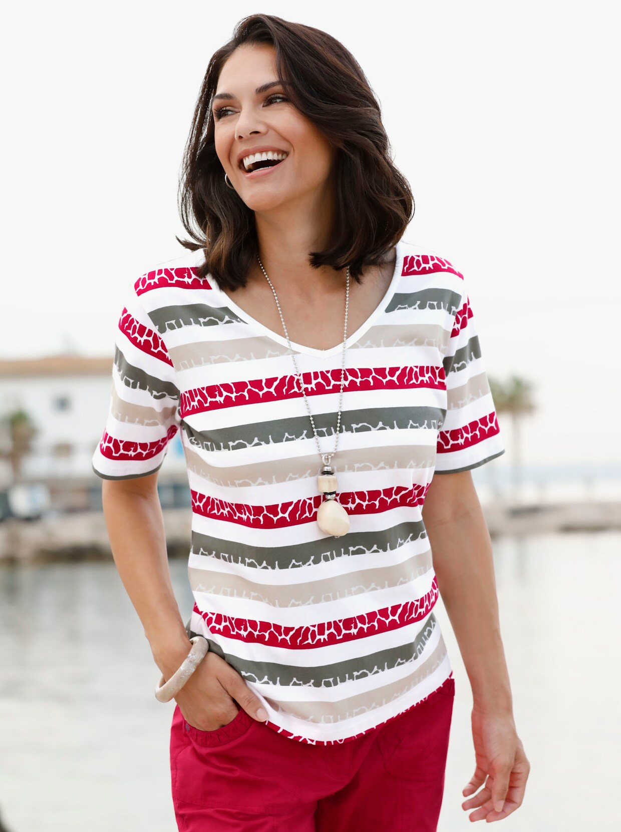 Shirt met korte mouwen - kaki/rood gestreept