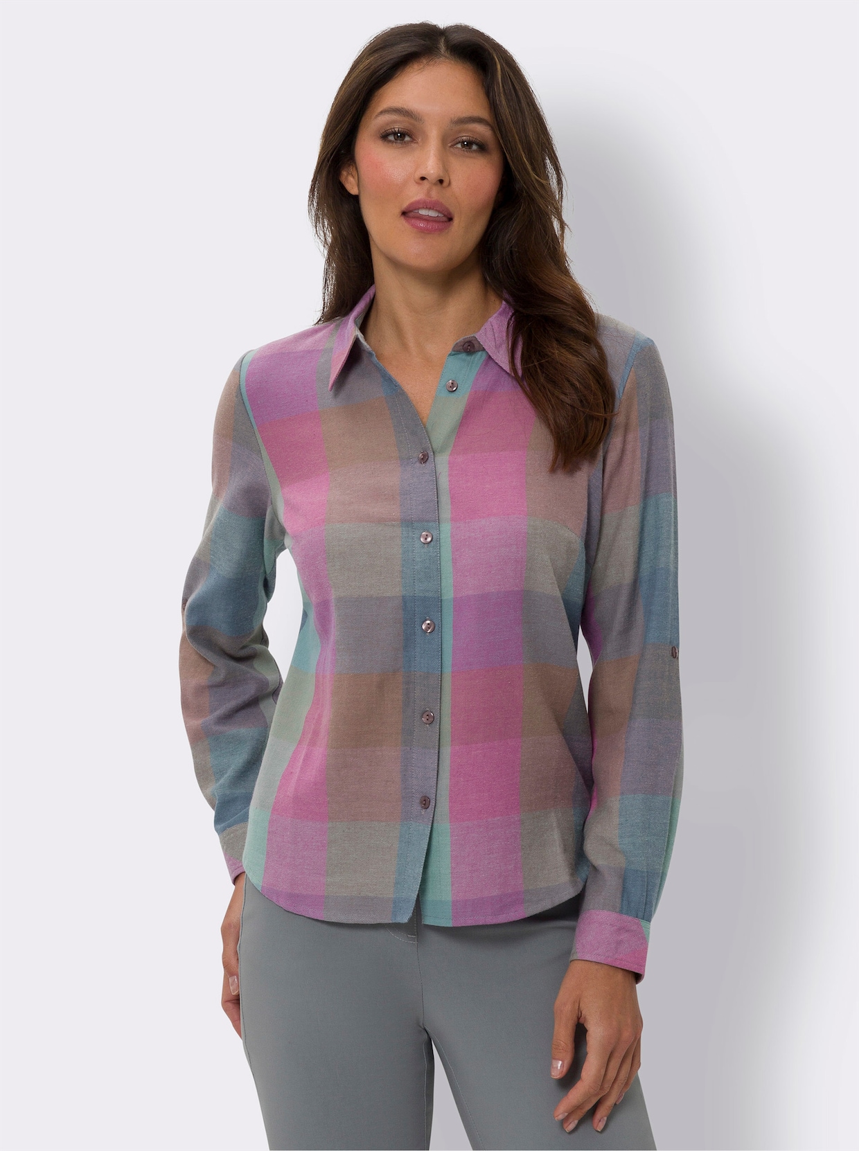 Flanellen blouse - kalkmint/heide gedessineerd