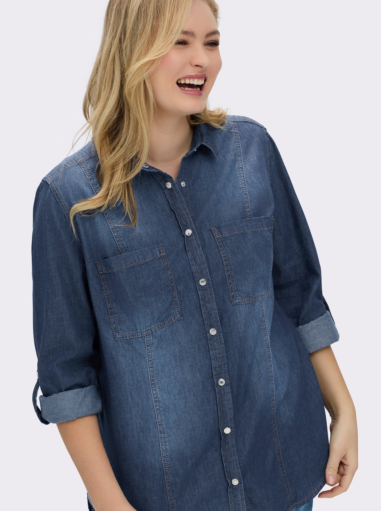 Jeansbluse mit abgerundetem Saum - blue-stone-washed