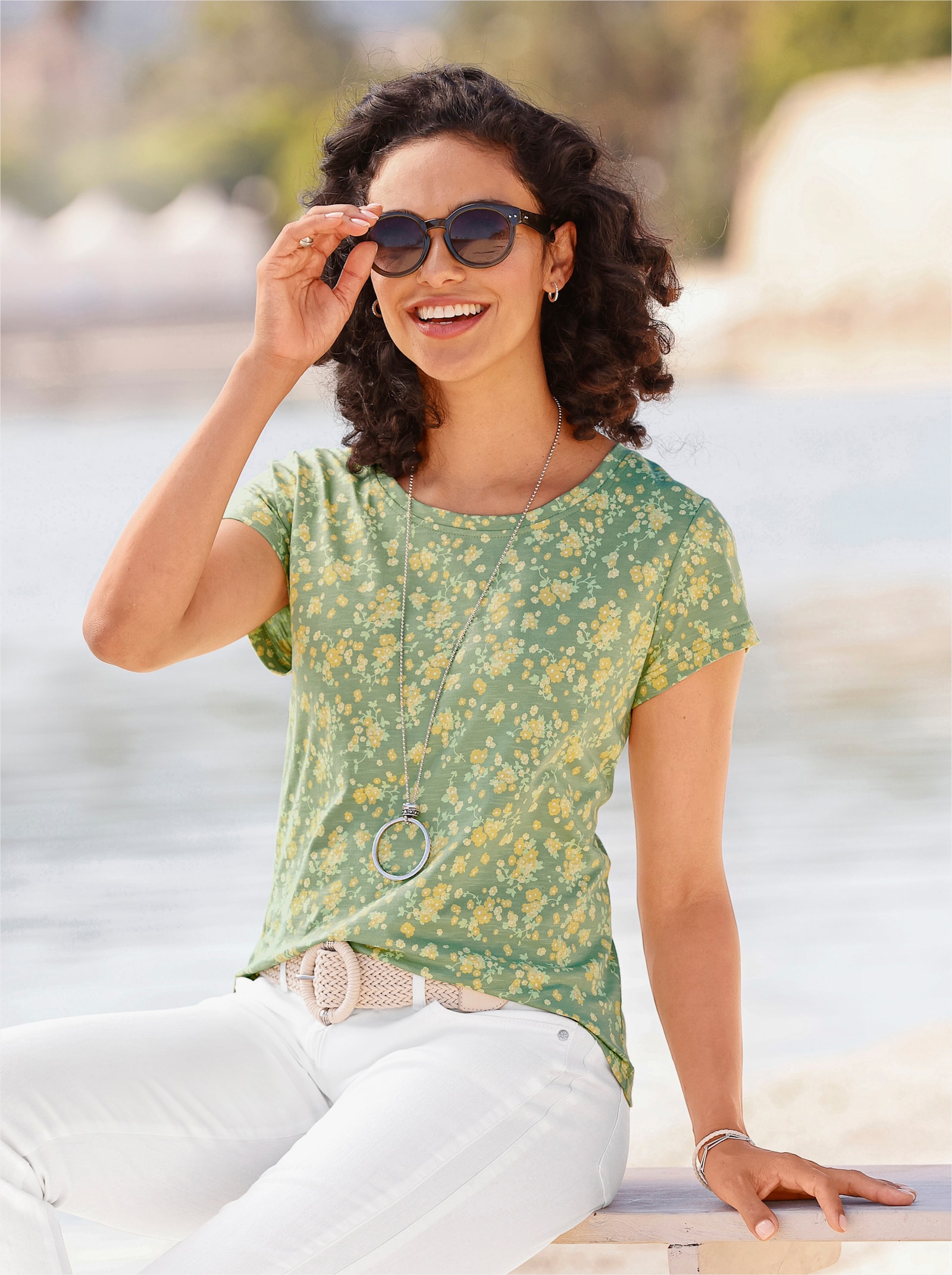 Tričko s kulatým výstřihem z žíhané příze - eukalyptová-citronová-potisk