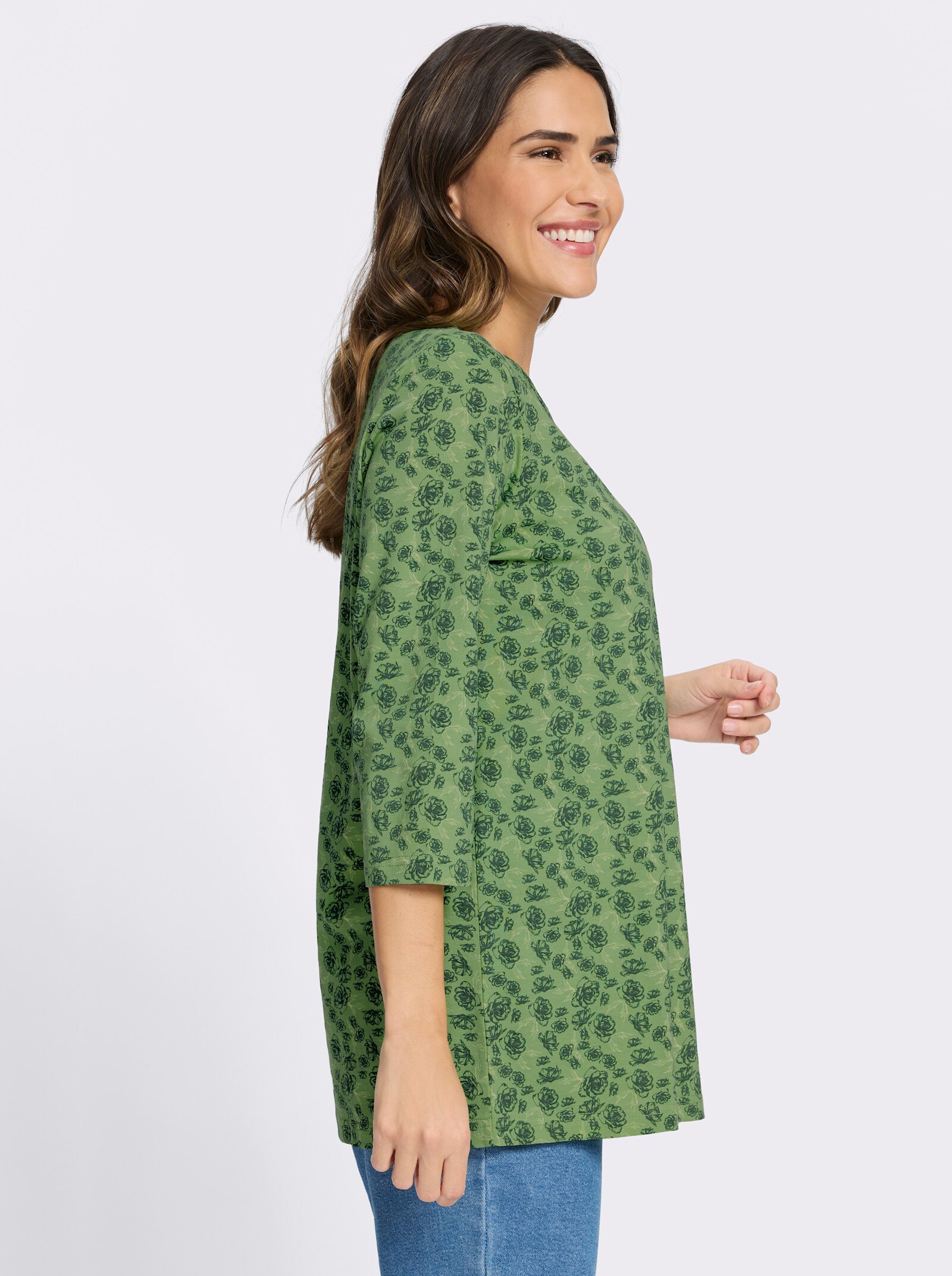 Longshirt mit Tropfen-Ausschnitt - eucalyptus-moos-bedruckt