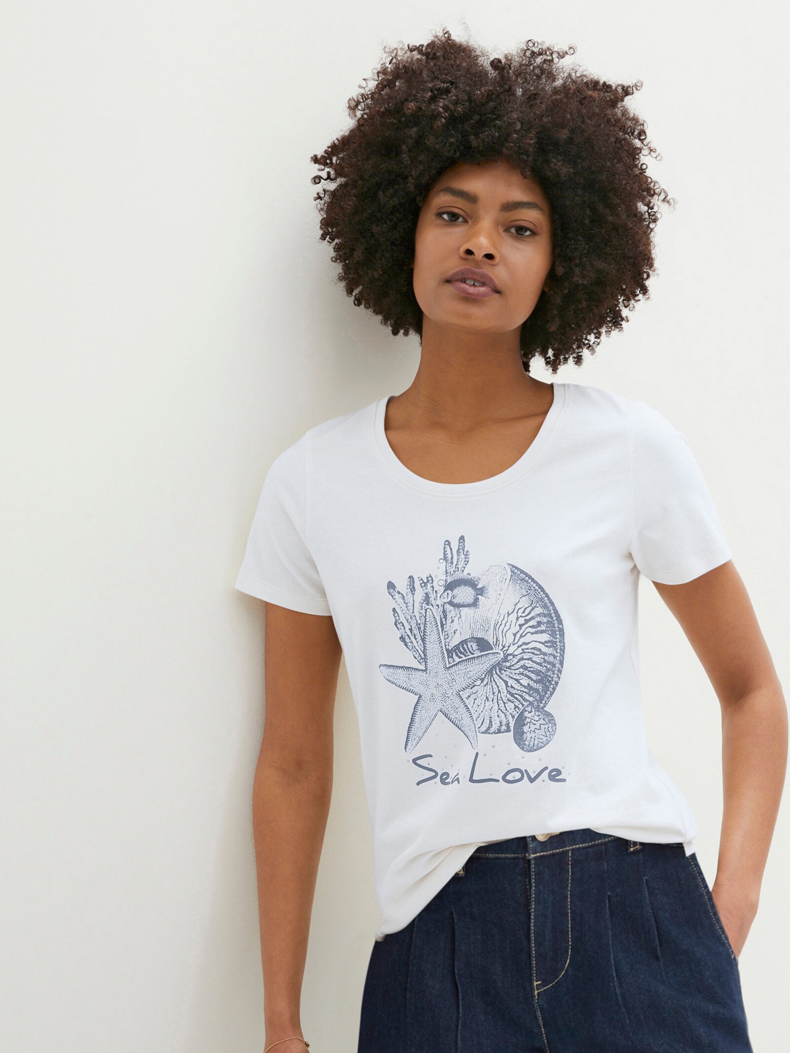 Rundhalsshirt mit Glitzersteinchen - weiß-taubenblau