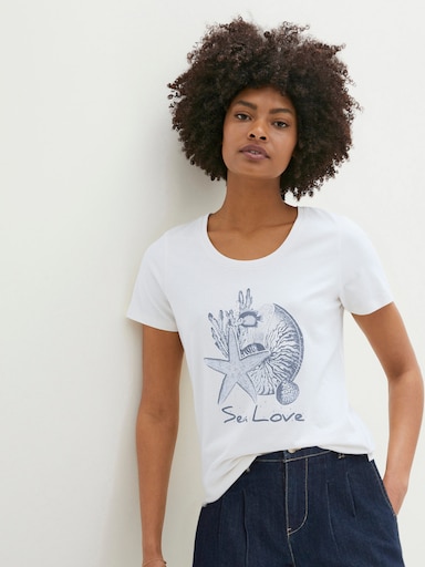 Rundhalsshirt mit Glitzersteinchen - weiß-taubenblau