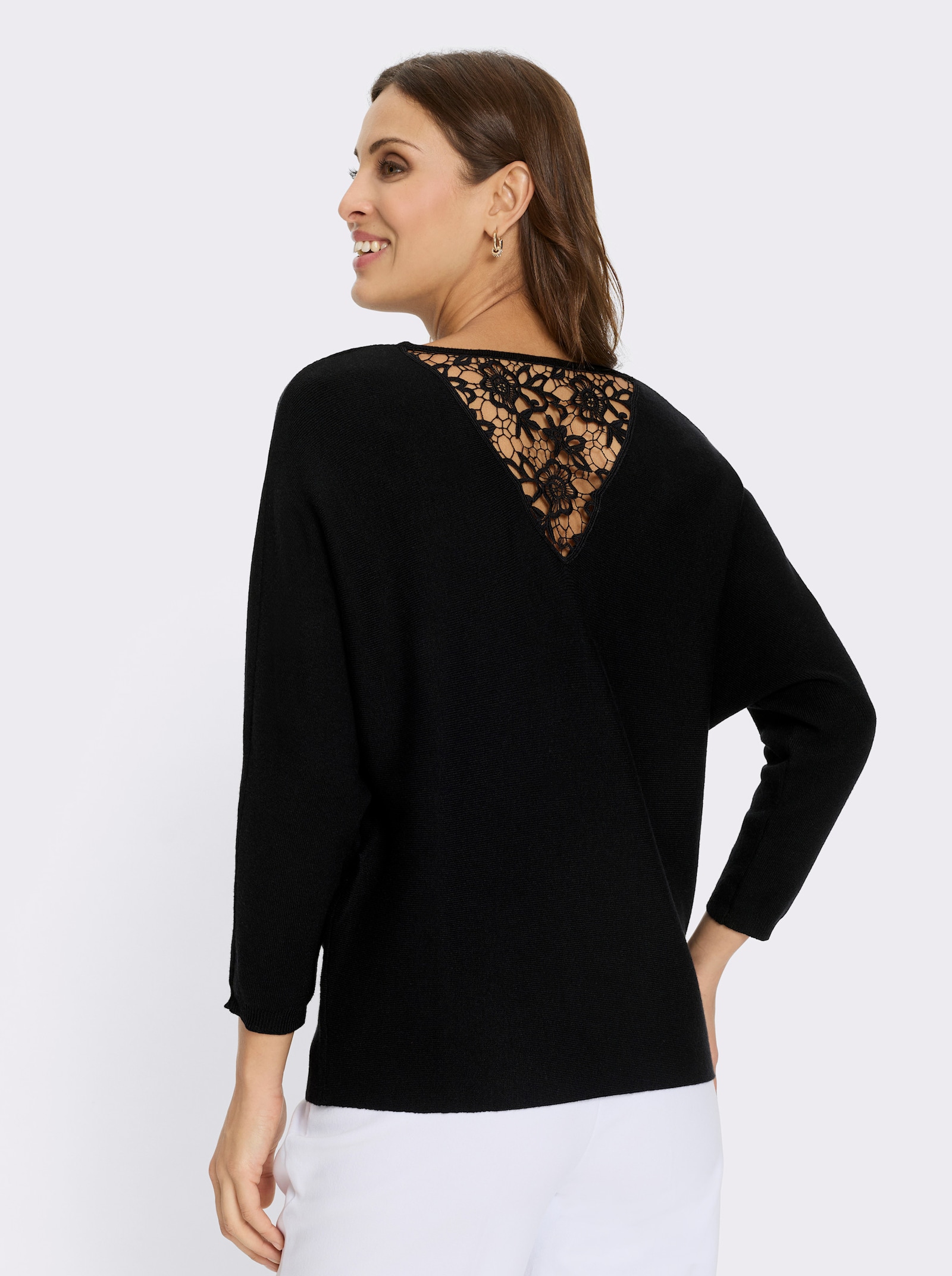 Fledermauspullover mit Spitzen-Einsatz im Rücken - schwarz