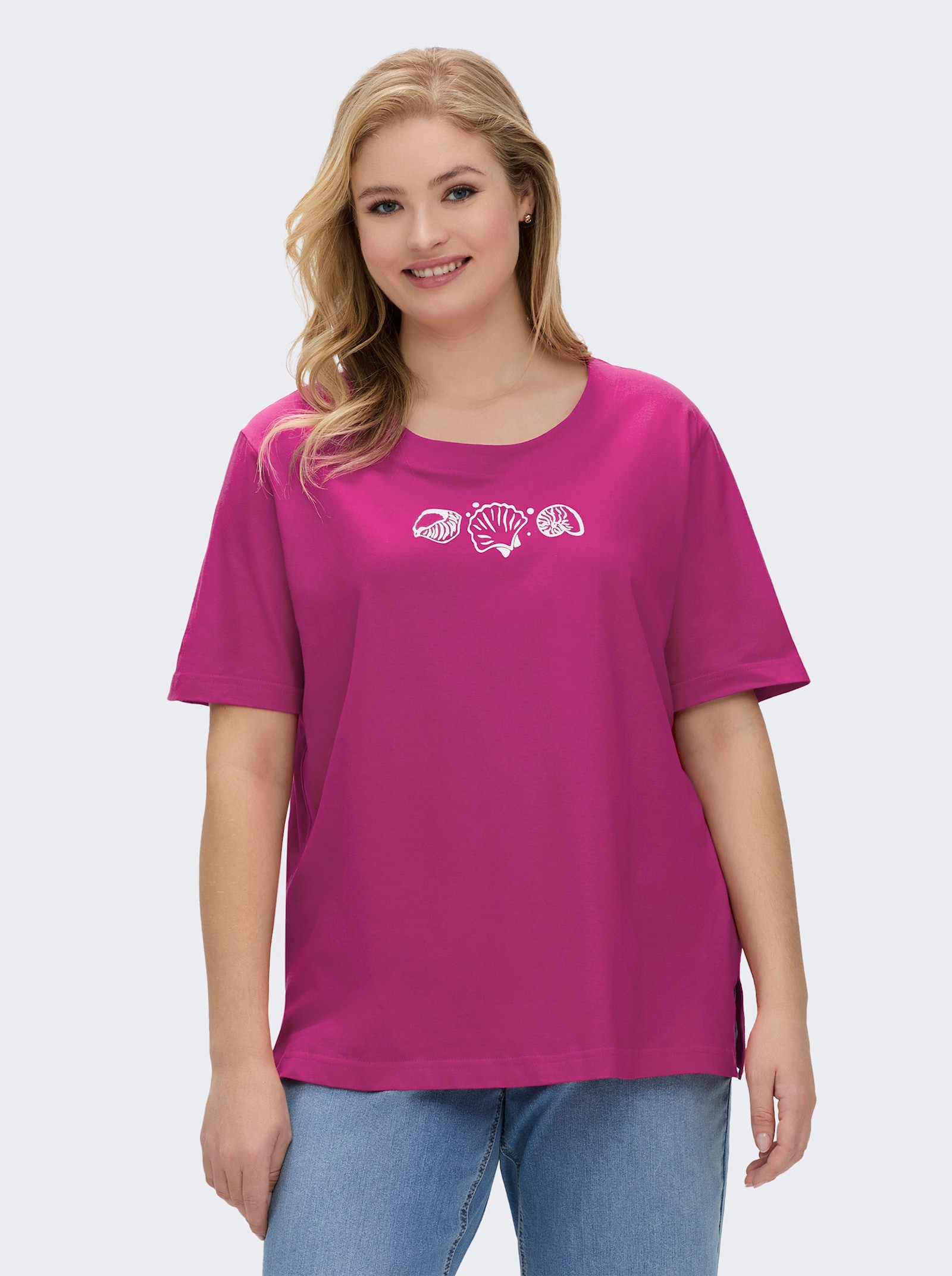 Kurzarmshirt mit Muschel-Druck - fuchsia