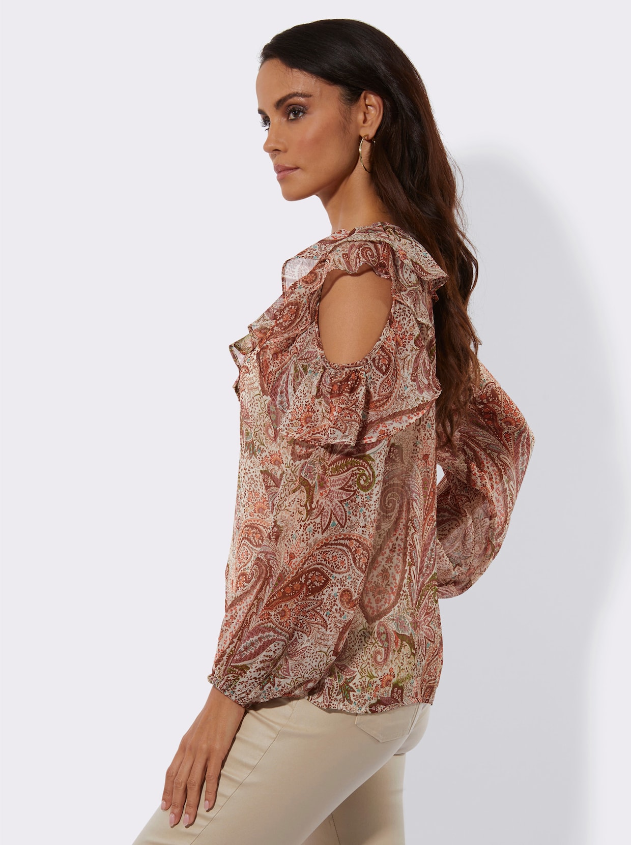 Chiffonbluse mit goldfarbigen Glanzfäden - ecru-papaya-bedruckt