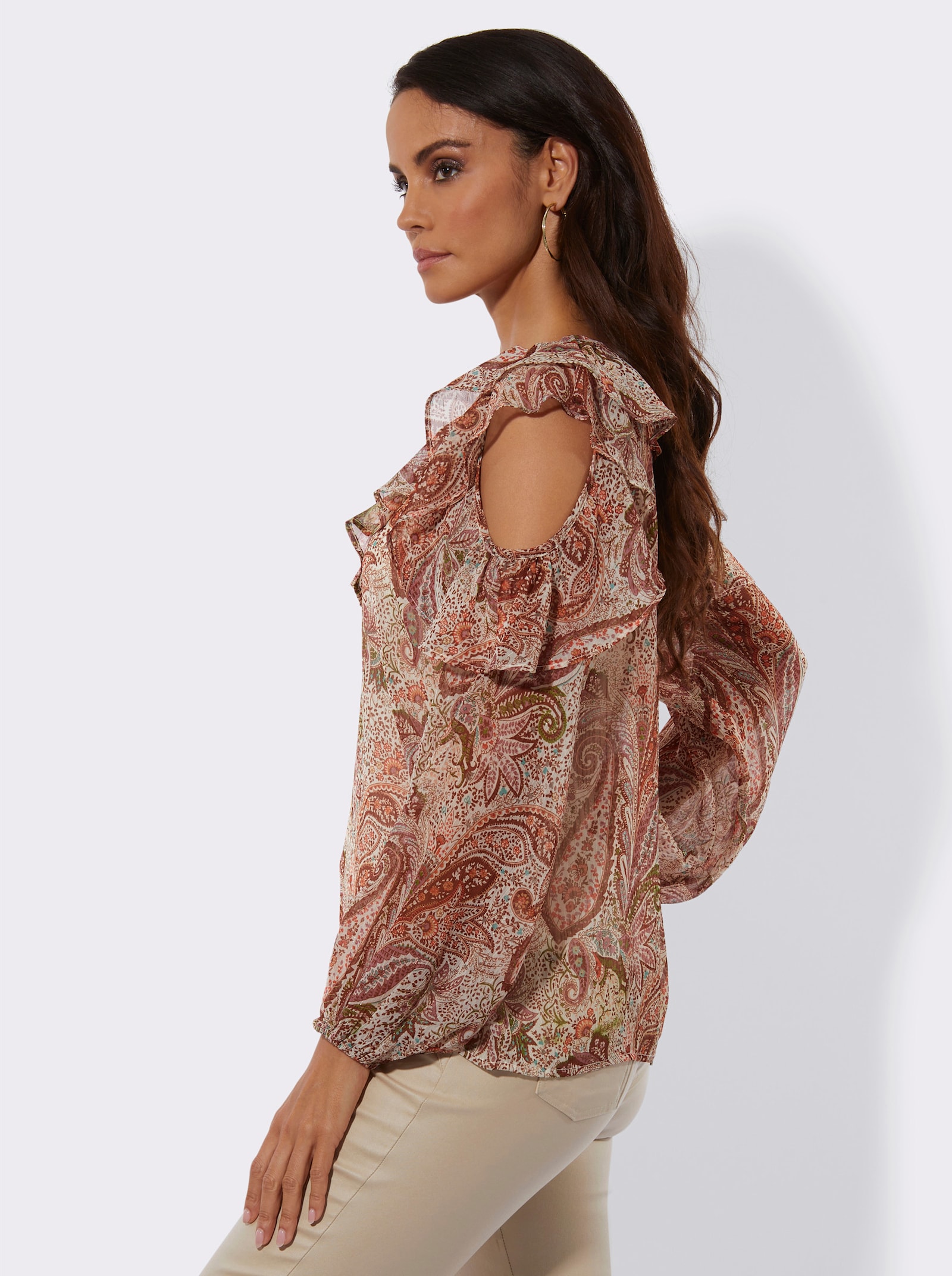 Chiffonbluse mit goldfarbigen Glanzfäden - ecru-papaya-bedruckt