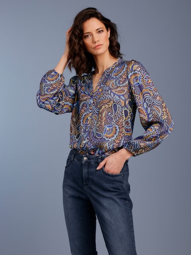 CREATION L PREMIUM Druckbluse mit Paisley-Dessin - taubenblau-ecru-gemustert