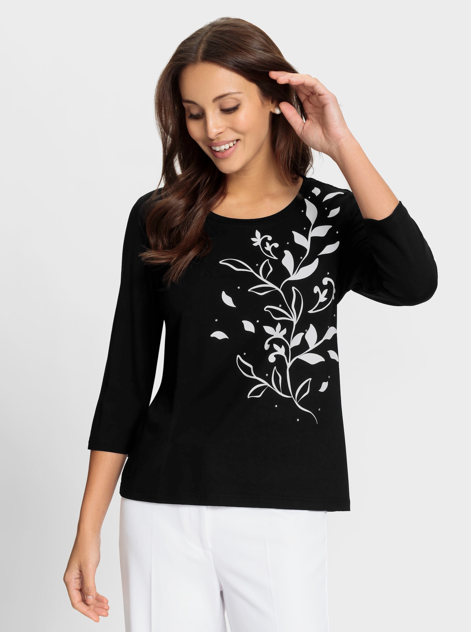 Shirt met 3/4-mouwen en op dessin geplaatste print - zwart/ecru geprint