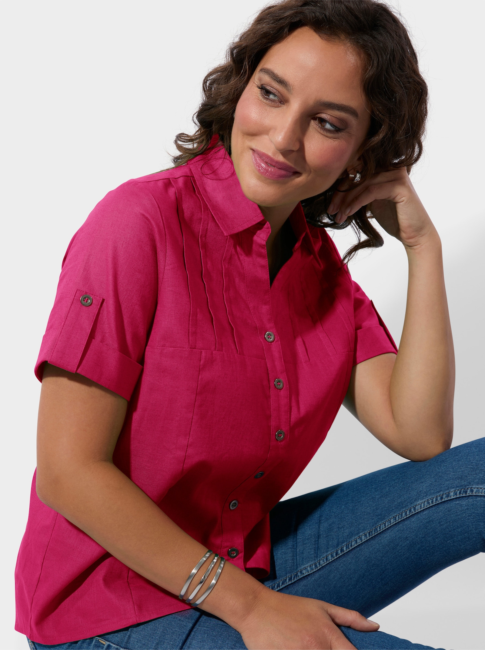 Kurzarm-Bluse im Baumwoll-Leinen-Mix - pink
