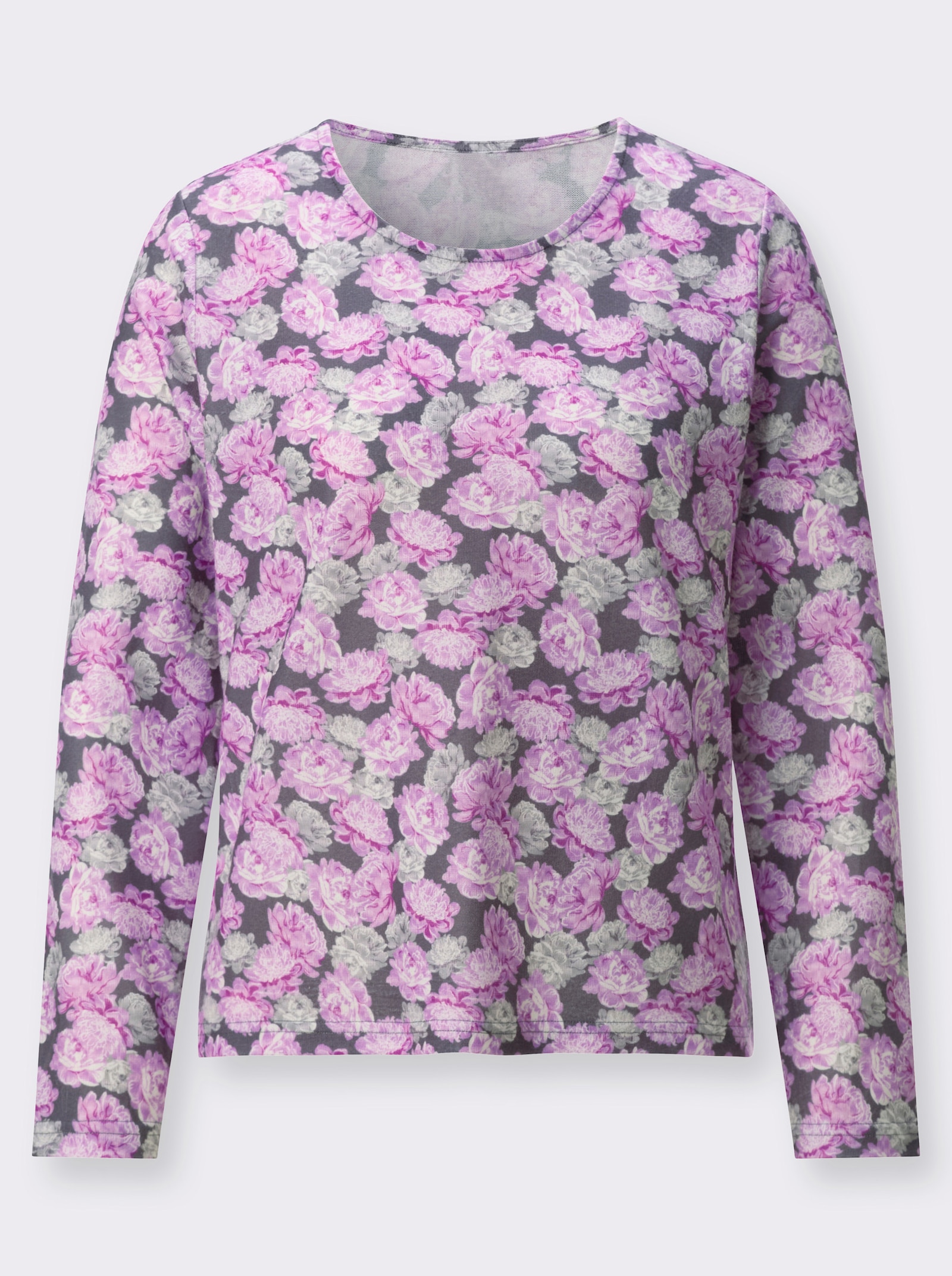 Rundhalspullover im floralen Dessin - steingrau-erika-bedruckt