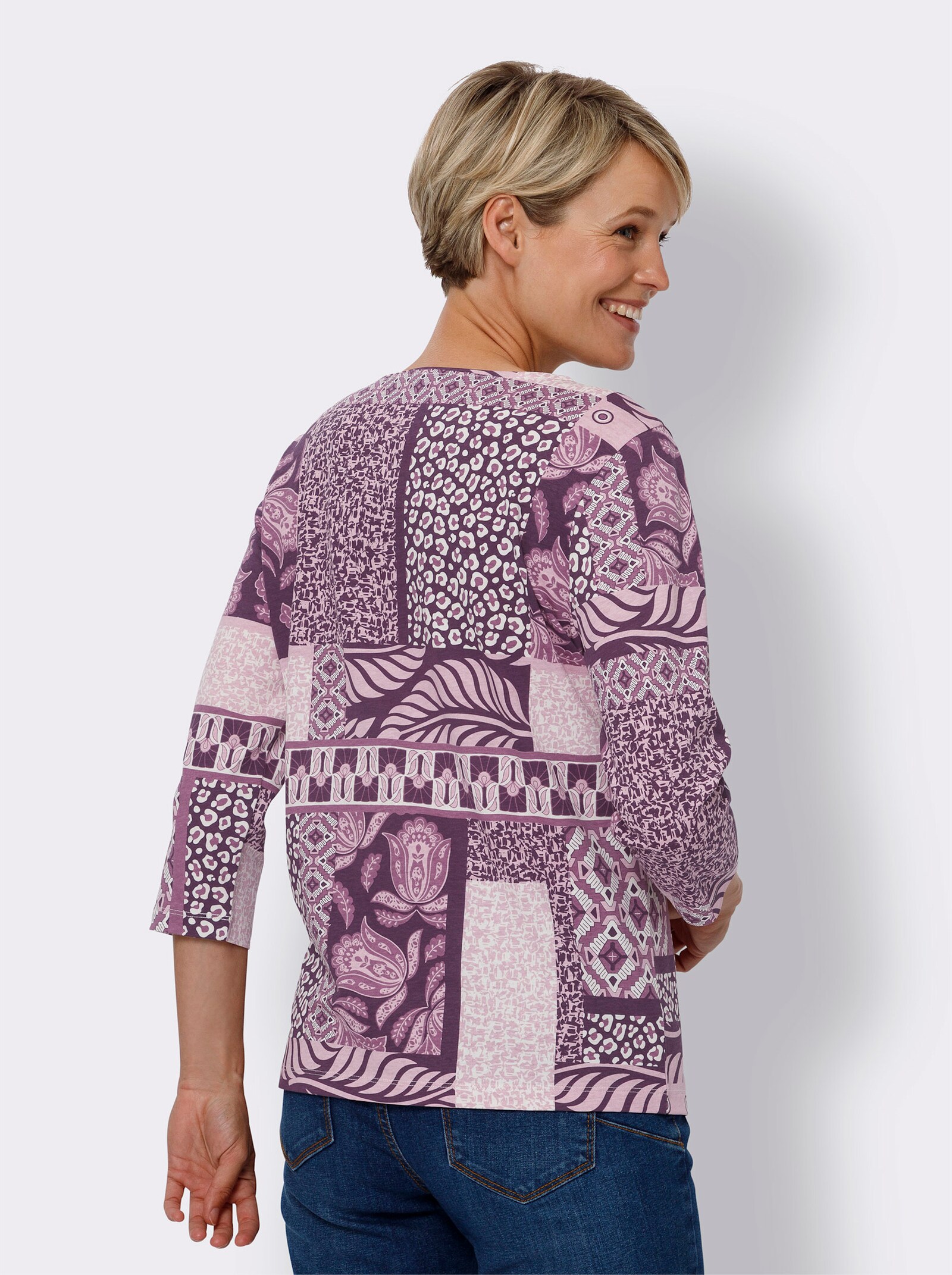 Tričko s 3/4 rukávem a patchworkovým vzorem - hroznová-ecru-potisk