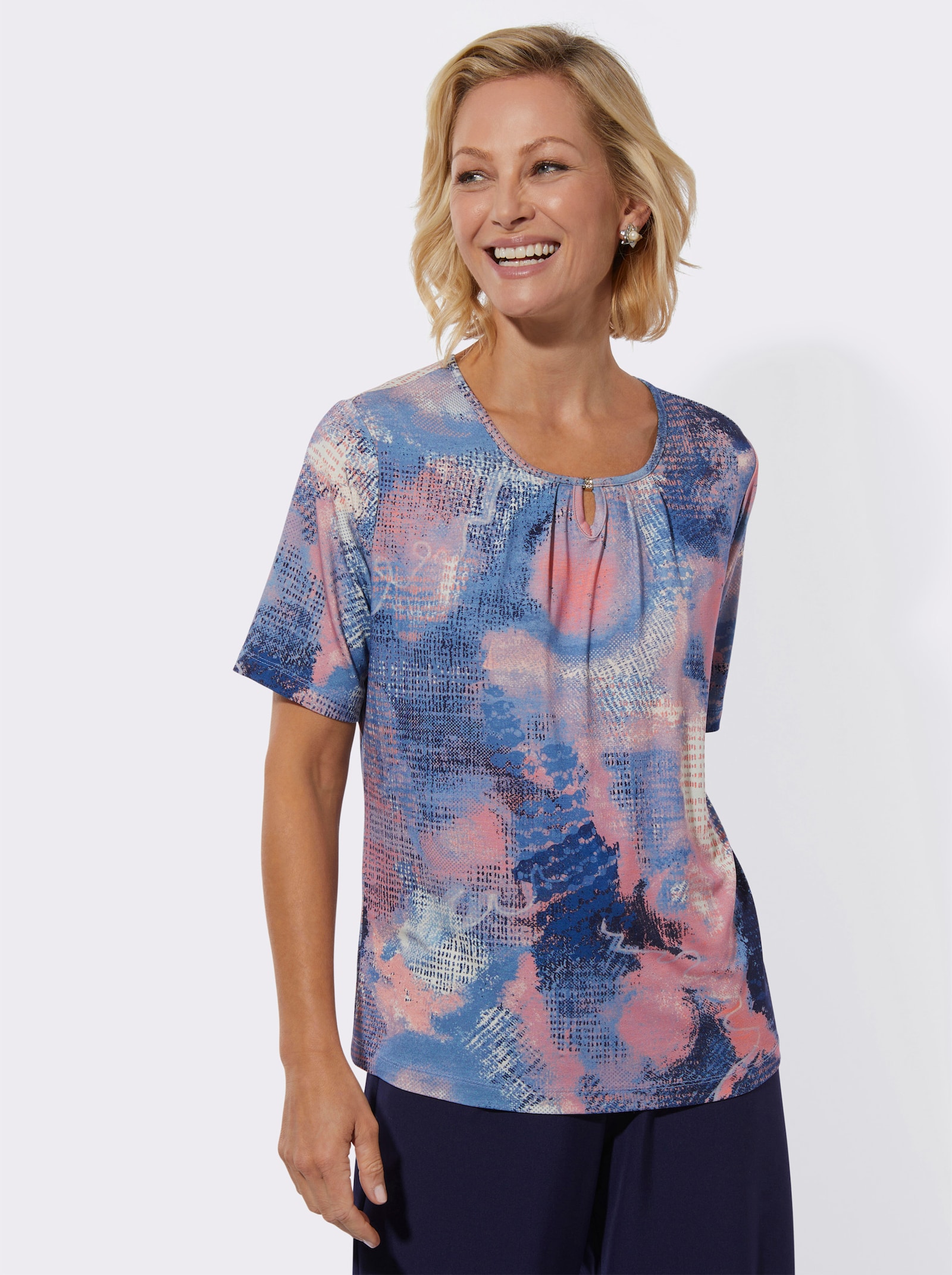Shirt met ronde hals en siersteentjes - marine/flamingo bedrukt