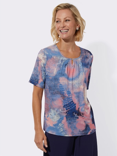 Rundhalsshirt mit Ziersteinchen - marine-flamingo-bedruckt