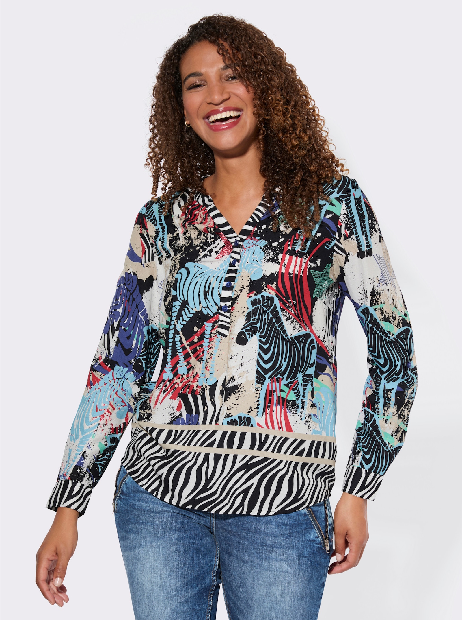 Druckbluse mit Zebra-Druck - schwarz-sand-gemustert