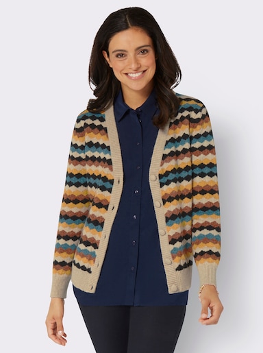 Strickjacke mit Zierknöpfen, meliert - sand-ocker-gemustert