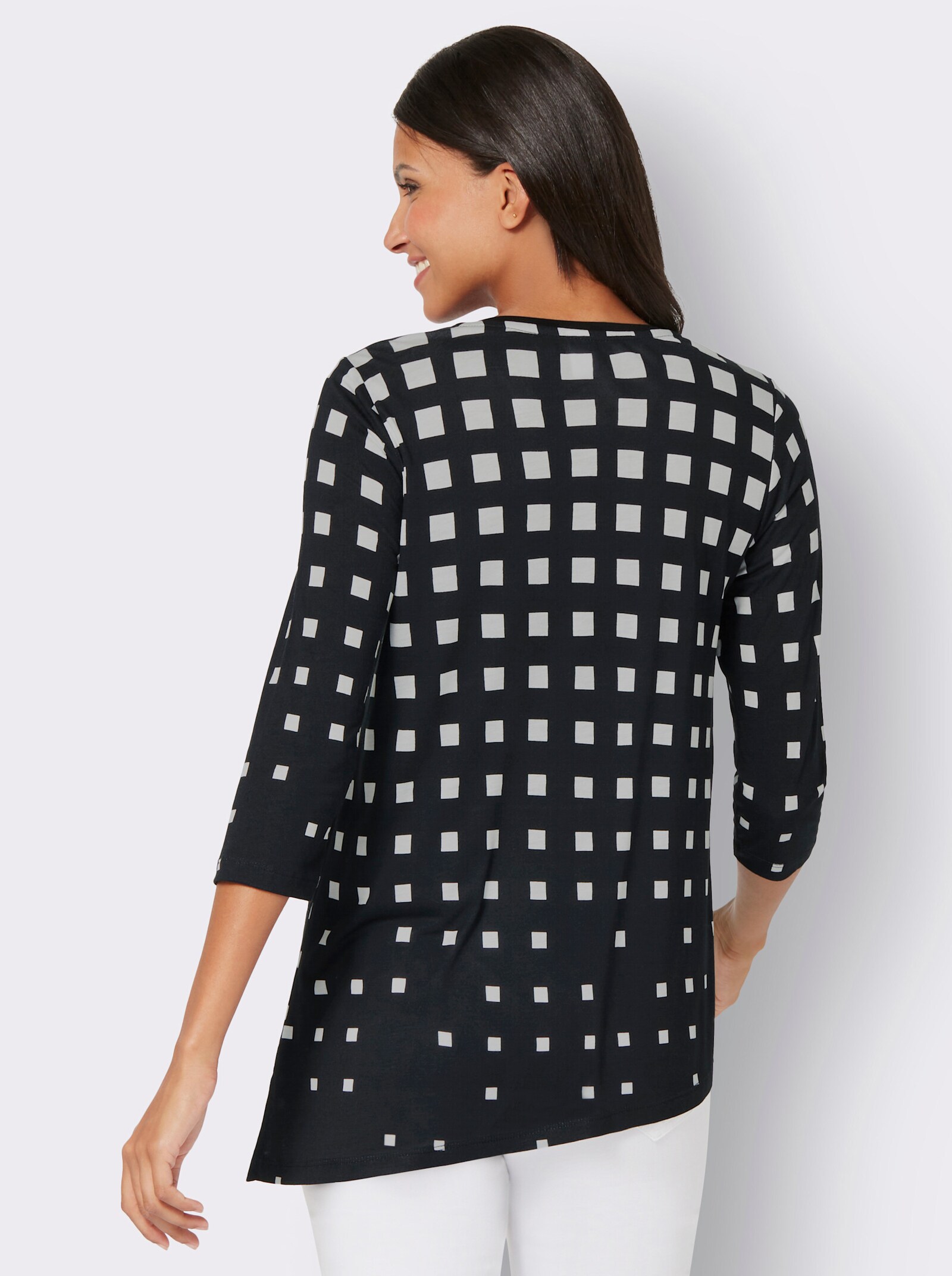 Dlouhé tričko s asymetrickým dolním lemem - černá-bílá-potisk