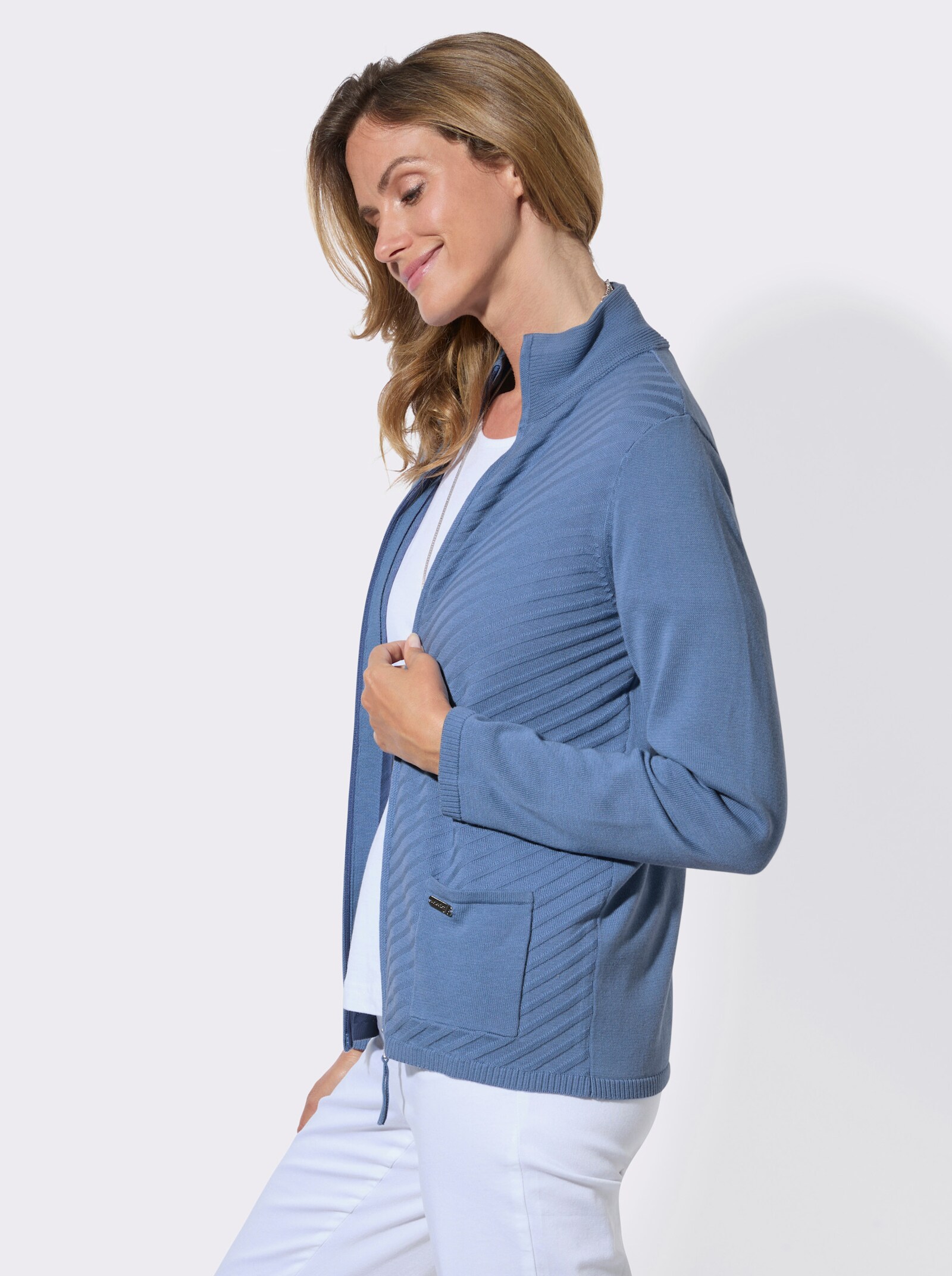 Strickjacke mit gerippten Bündchen - mittelblau