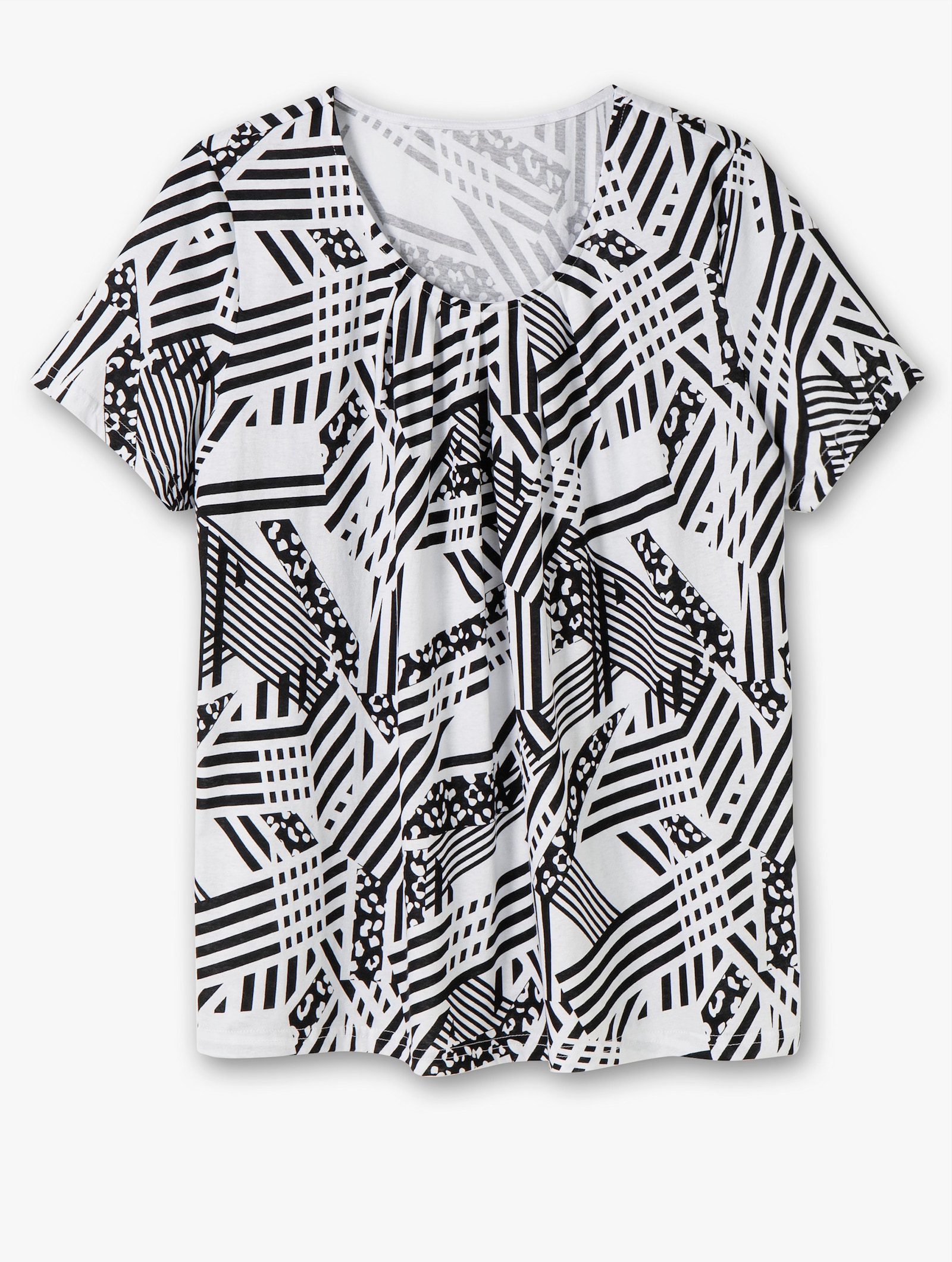 Longshirt in A-Form mit Falten - weiß-gemustert