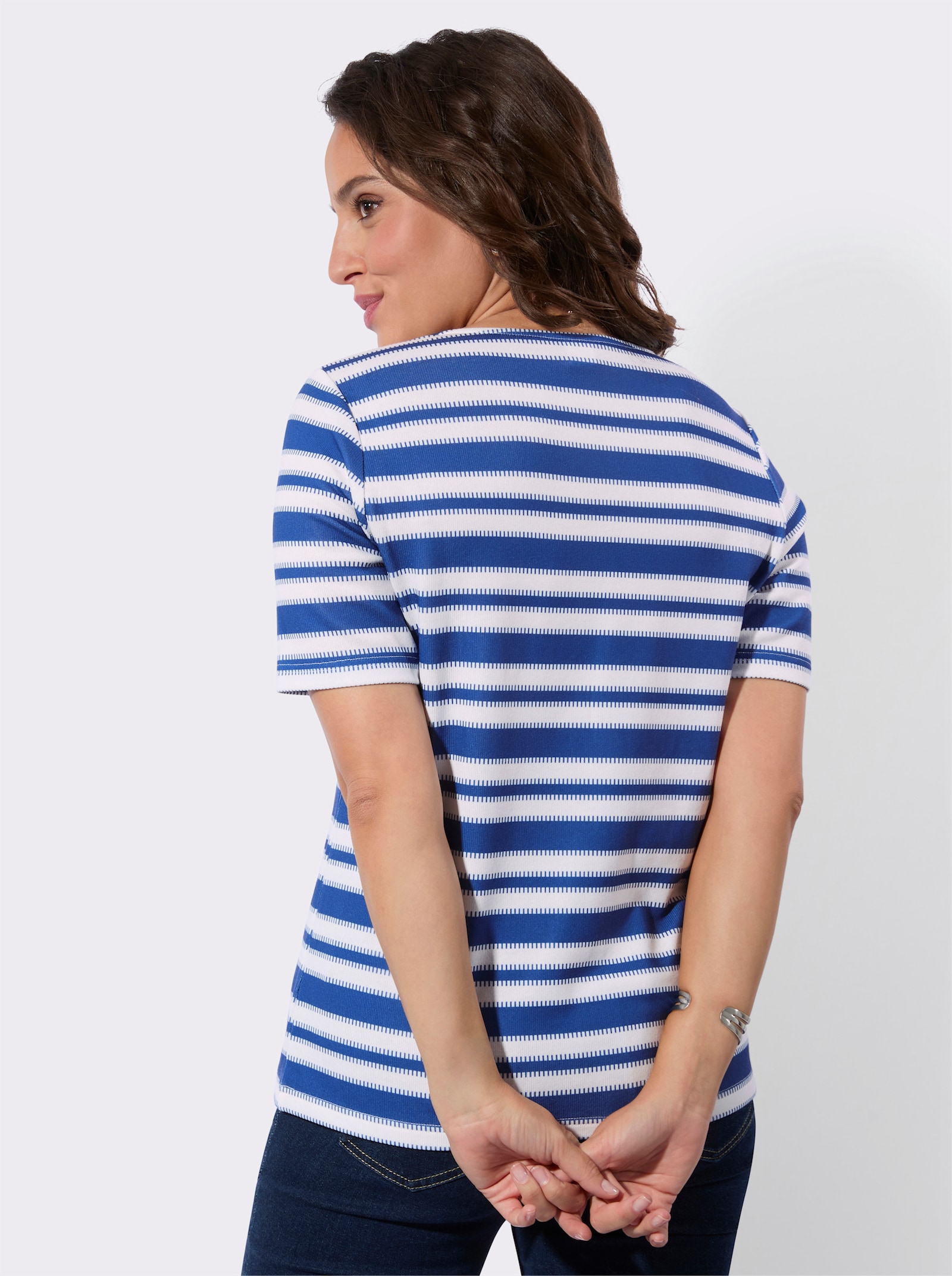 Kurzarmshirt in innen angerauter Qualität - jeansblau-weiß-geringelt