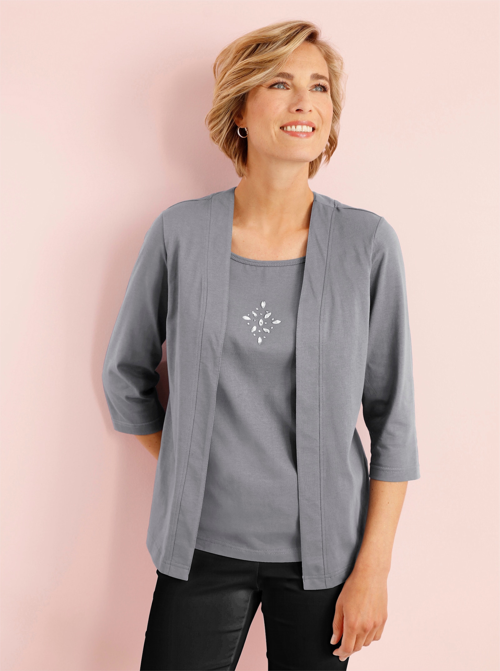 2-in-1-Shirt mit Einsatz vorne - steingrau