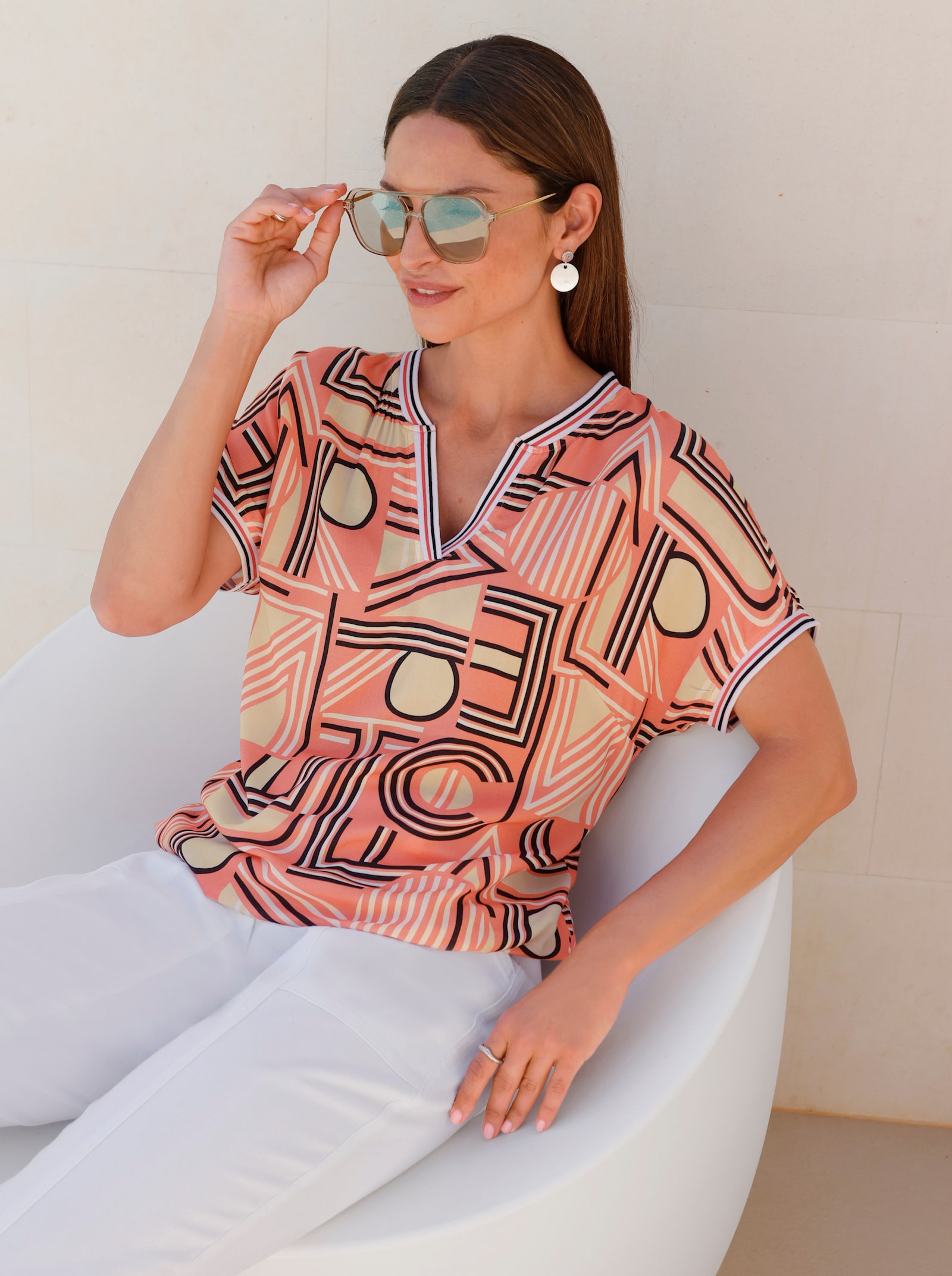 Druckbluse aus reiner Viskose - koralle-sand-bedruckt