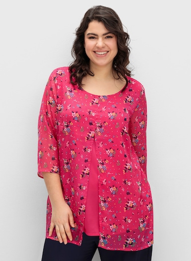 Longbluse im Lagenlook mit Chiffon - pink-marine-bedruckt