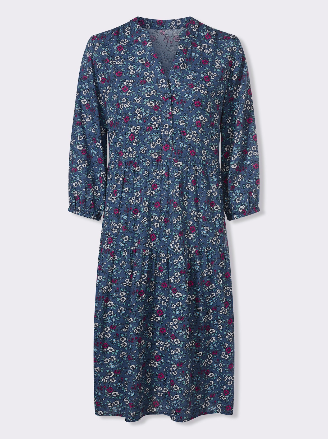 Stufenkleid mit 3/4-Ärmeln - jeansblau-fuchsia-bedruckt